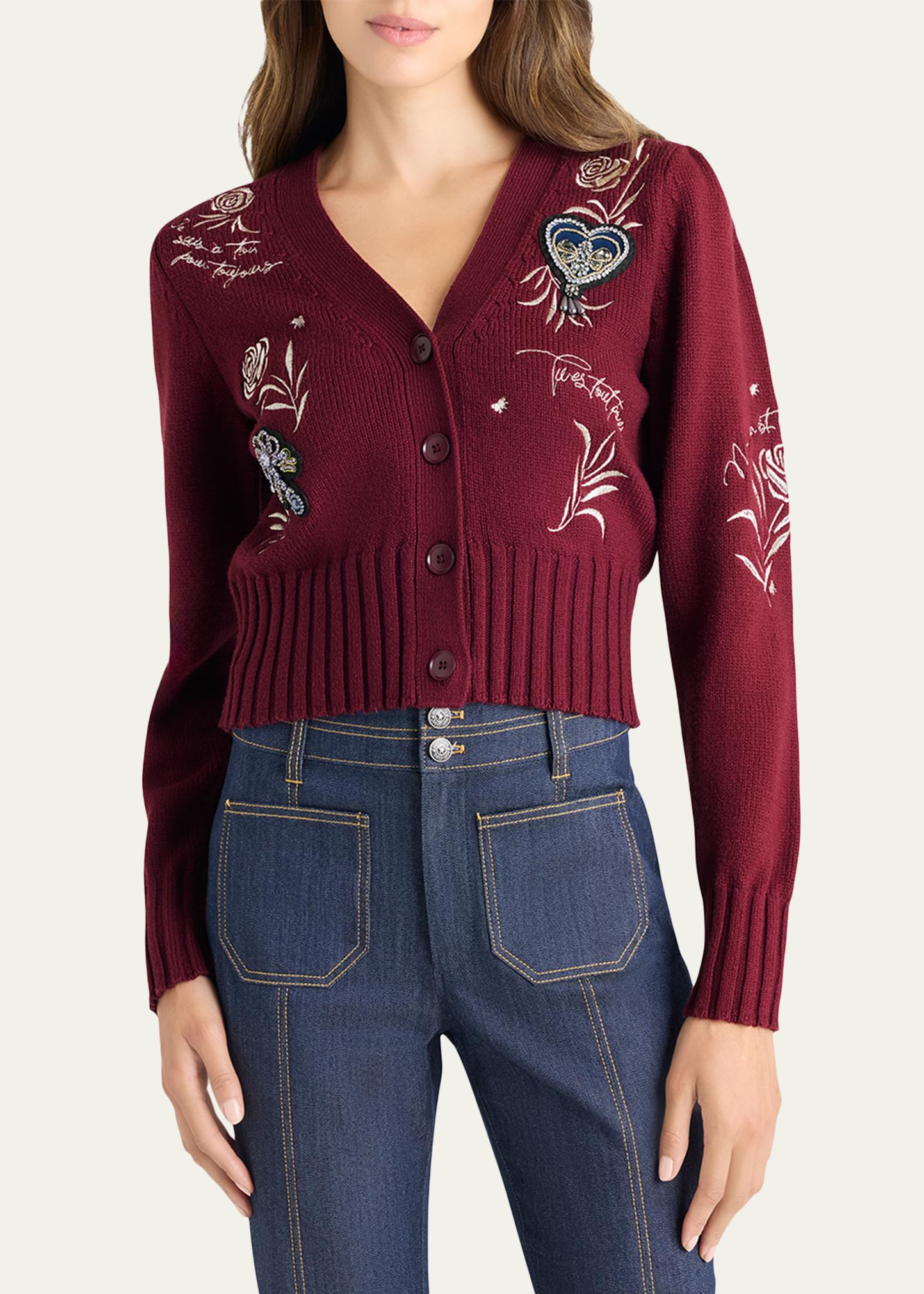 Cinq a Sept Heritage Rose Patch Morgan Embroidered Cardigan
