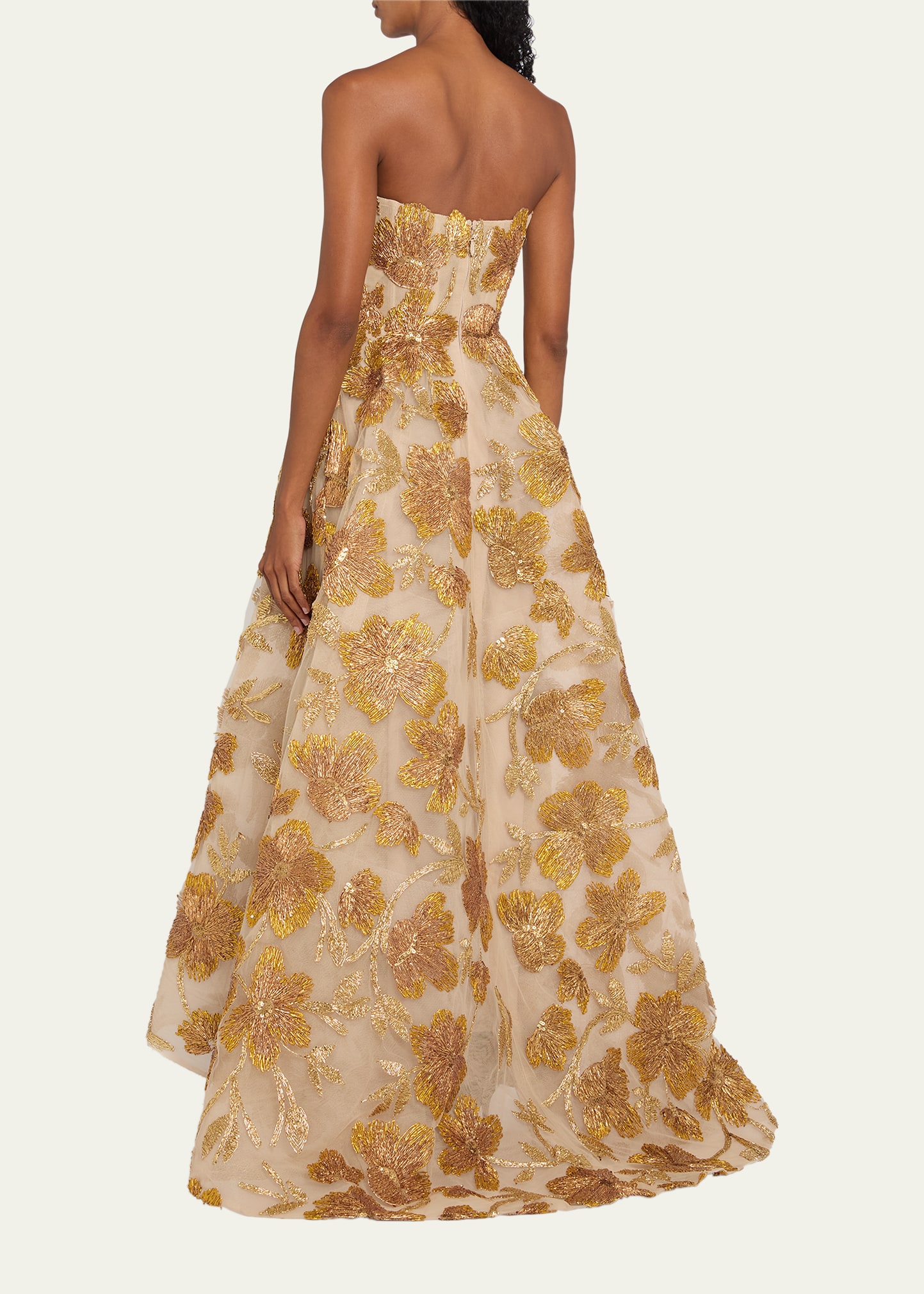 Monique Lhuillier Metallic Floral Embroidered High-Low Strapless Gown -  Bergdorf Goodman