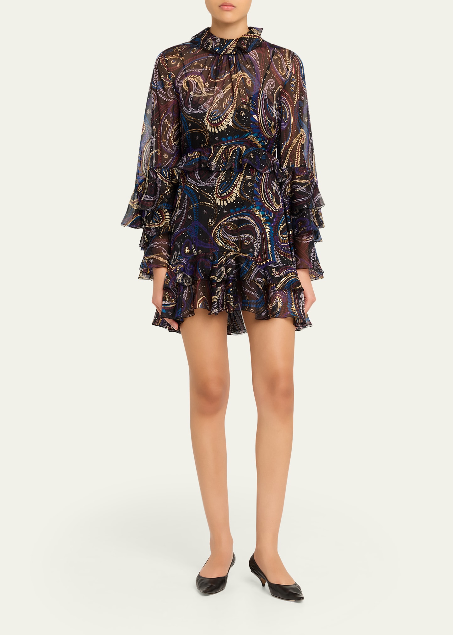etro paisley-print tiered crinkle-silk embroidered mini dress Etro Paisley-Print Tiered Crinkle-Silk Embroidered Mini Dress - Gold