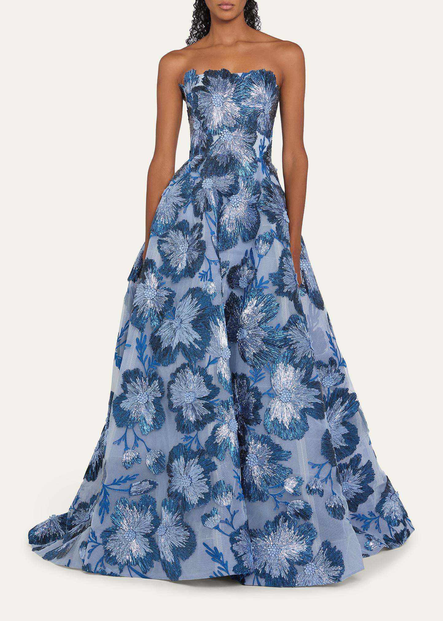 Monique Lhuillier Strapless Metallic Embroidered Tulle Ball Gown