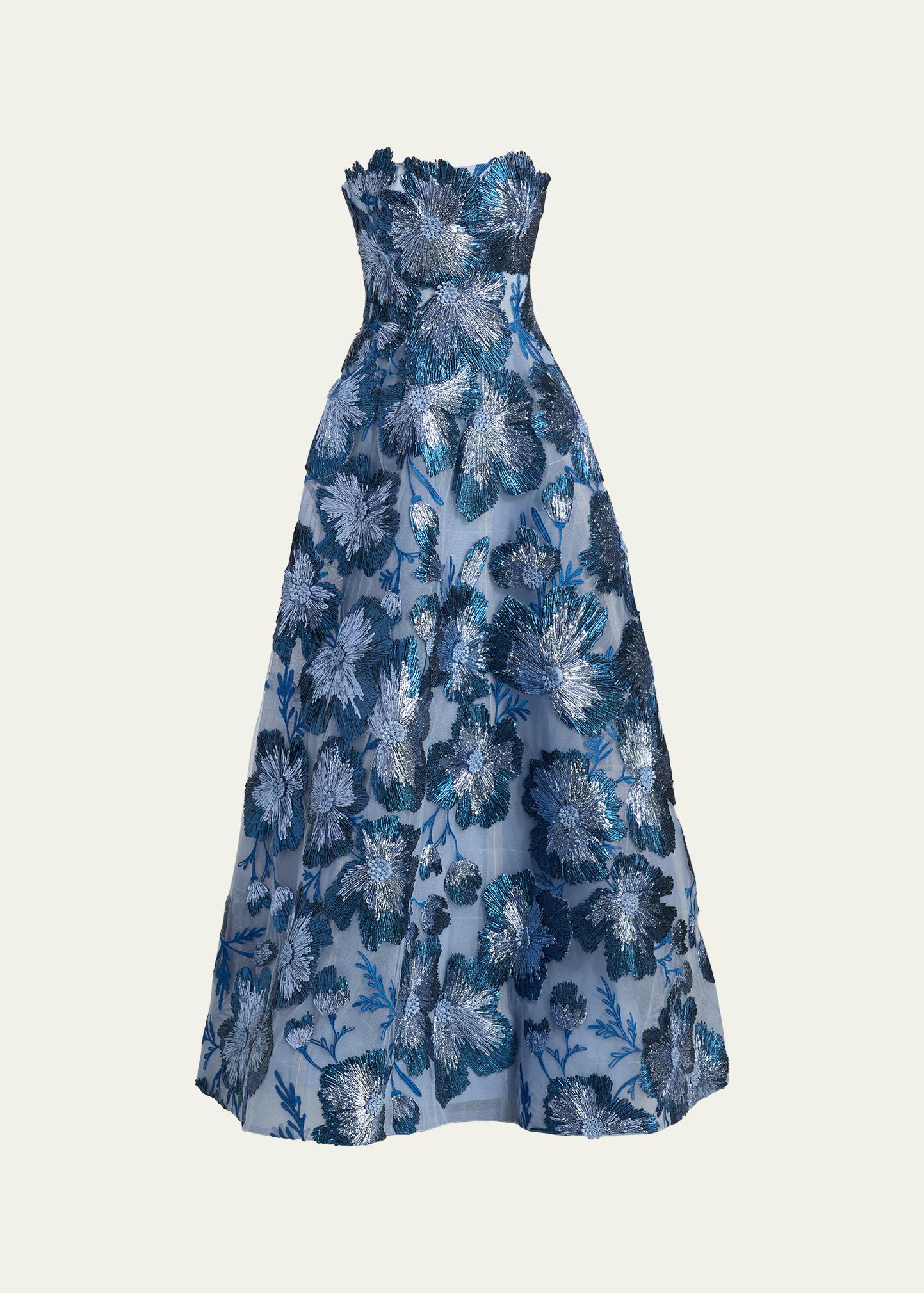 Monique Lhuillier Strapless Metallic Embroidered Tulle Ball Gown