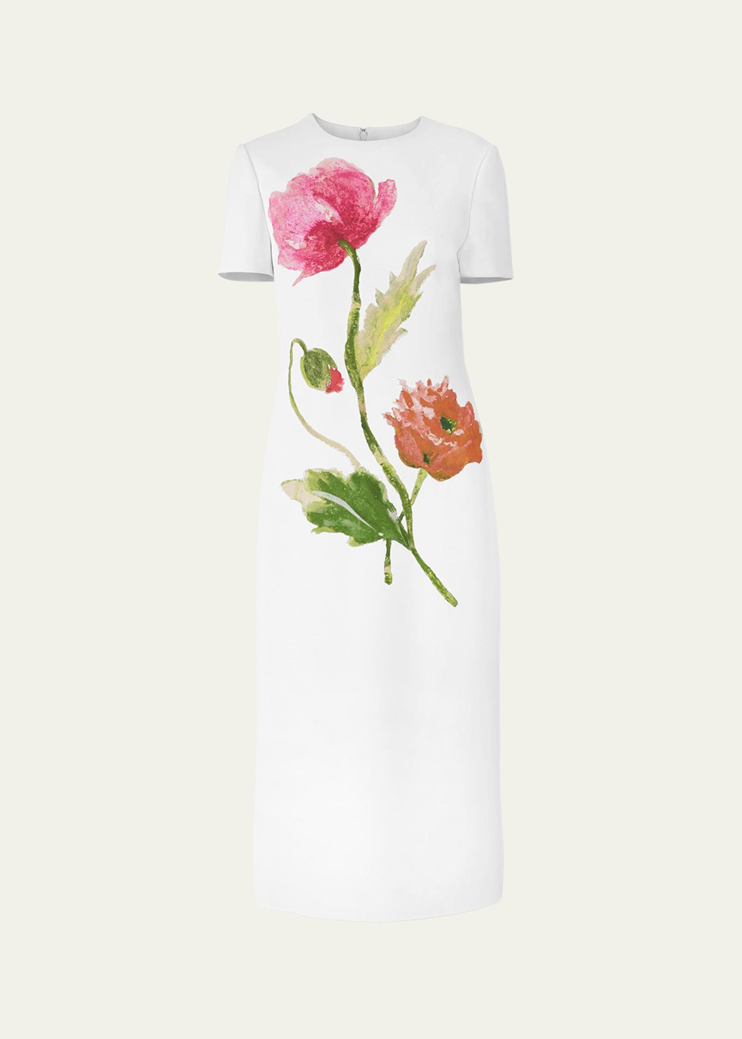 Carolina Herrera Flower-Print Crepe Short-Sleeve Midi Dress