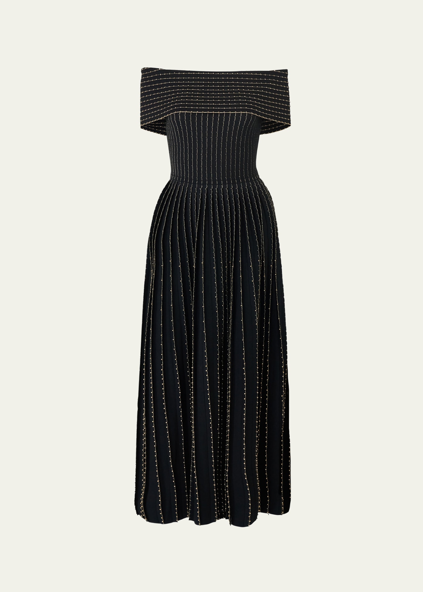 キャロリーナヘレラ ニットワンピース CAROLINA HERRERA 01 Carolina Herrera Beaded Off-The-Shoulder Pleated Knit Maxi Dress