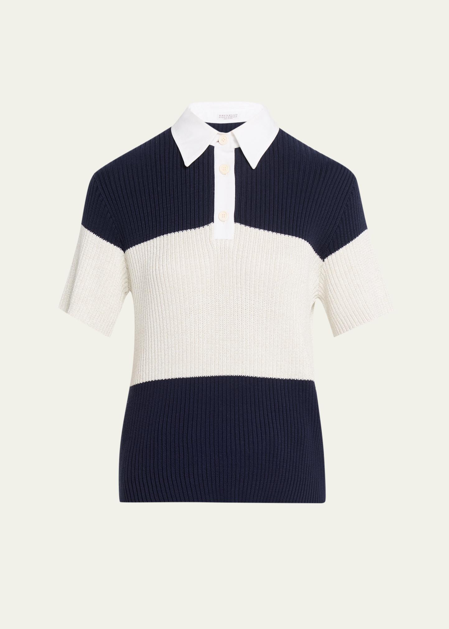 Brunello Cucinelli Shimmering Striped Cotton Rib Short-Sleeve Polo Sweater