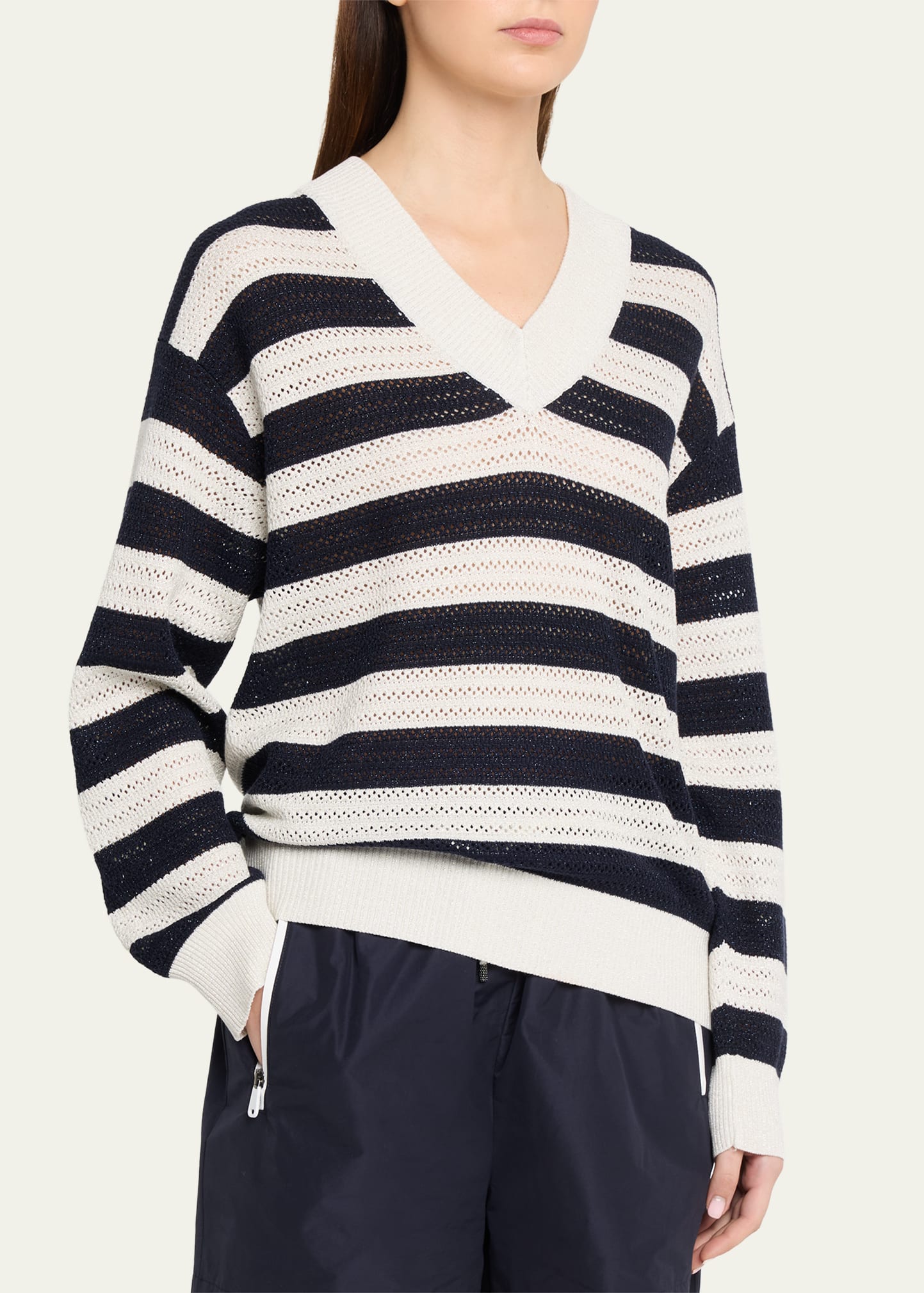 Brunello Cucinelli Sparkling Striped Cotton Net Knit V-Neck