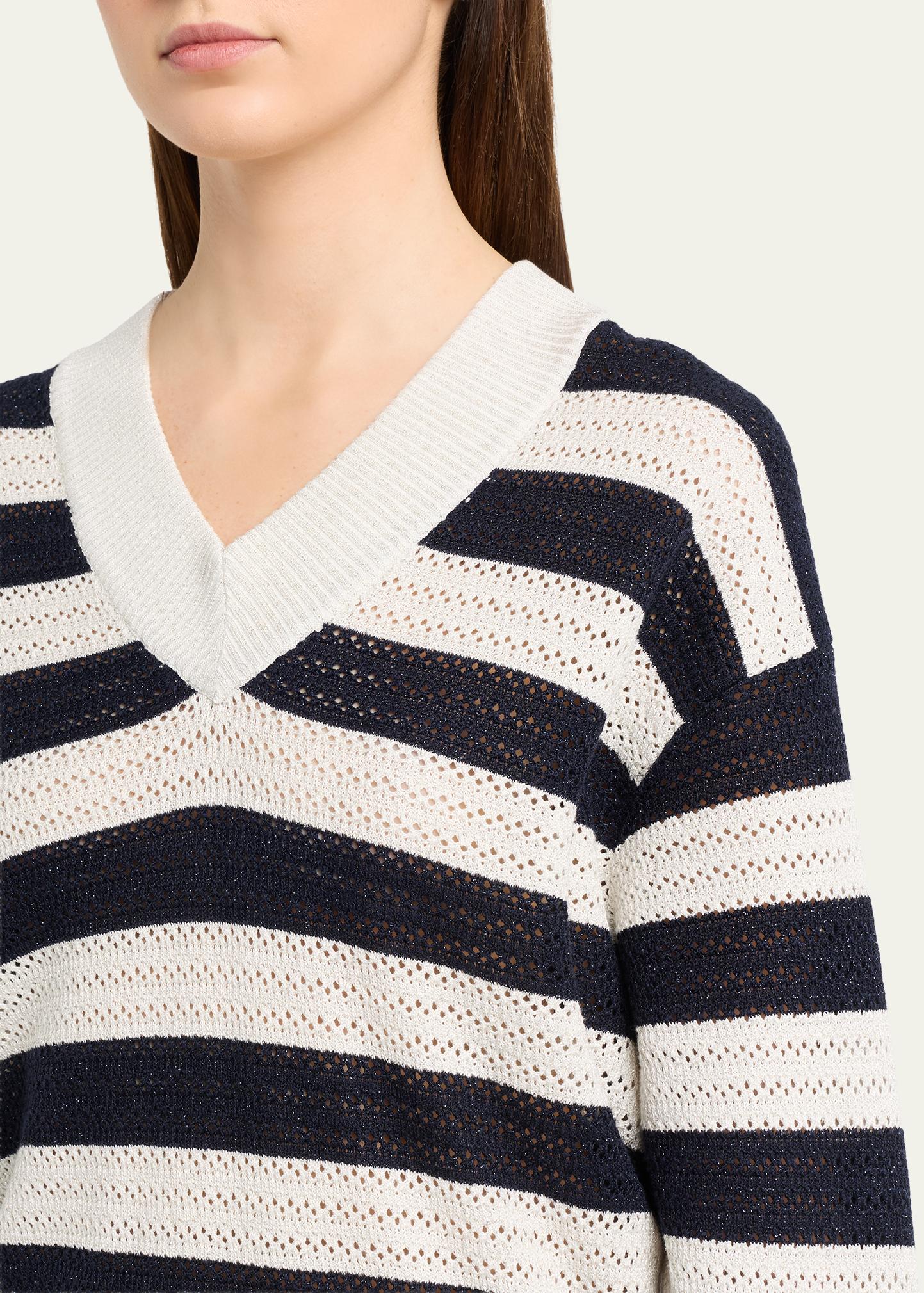 Brunello Cucinelli Sparkling Striped Cotton Net Knit V-Neck