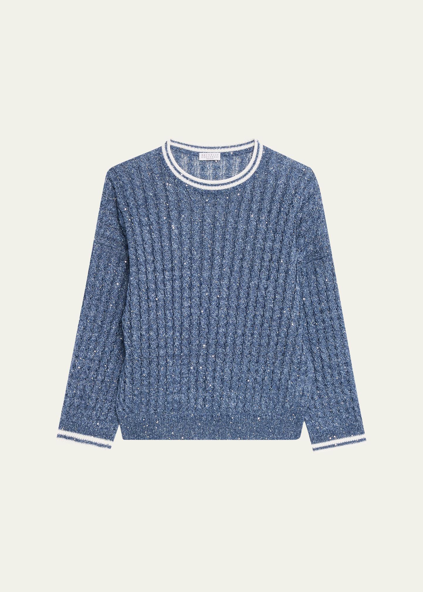 Brunello Cucinelli Linen Dazzling Cable Openwork Knit Crewneck
