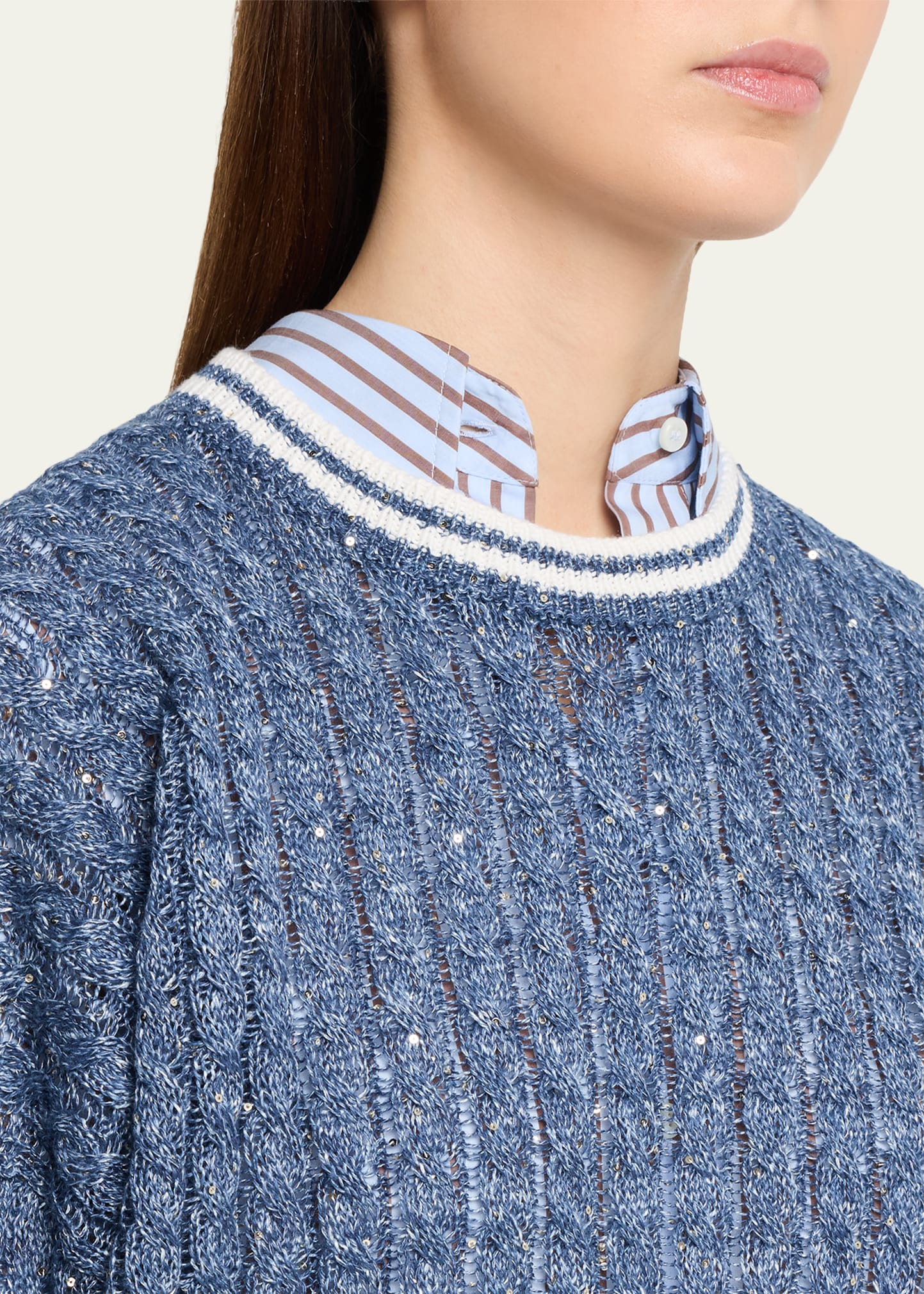 Brunello Cucinelli Linen Dazzling Cable Openwork Knit Crewneck