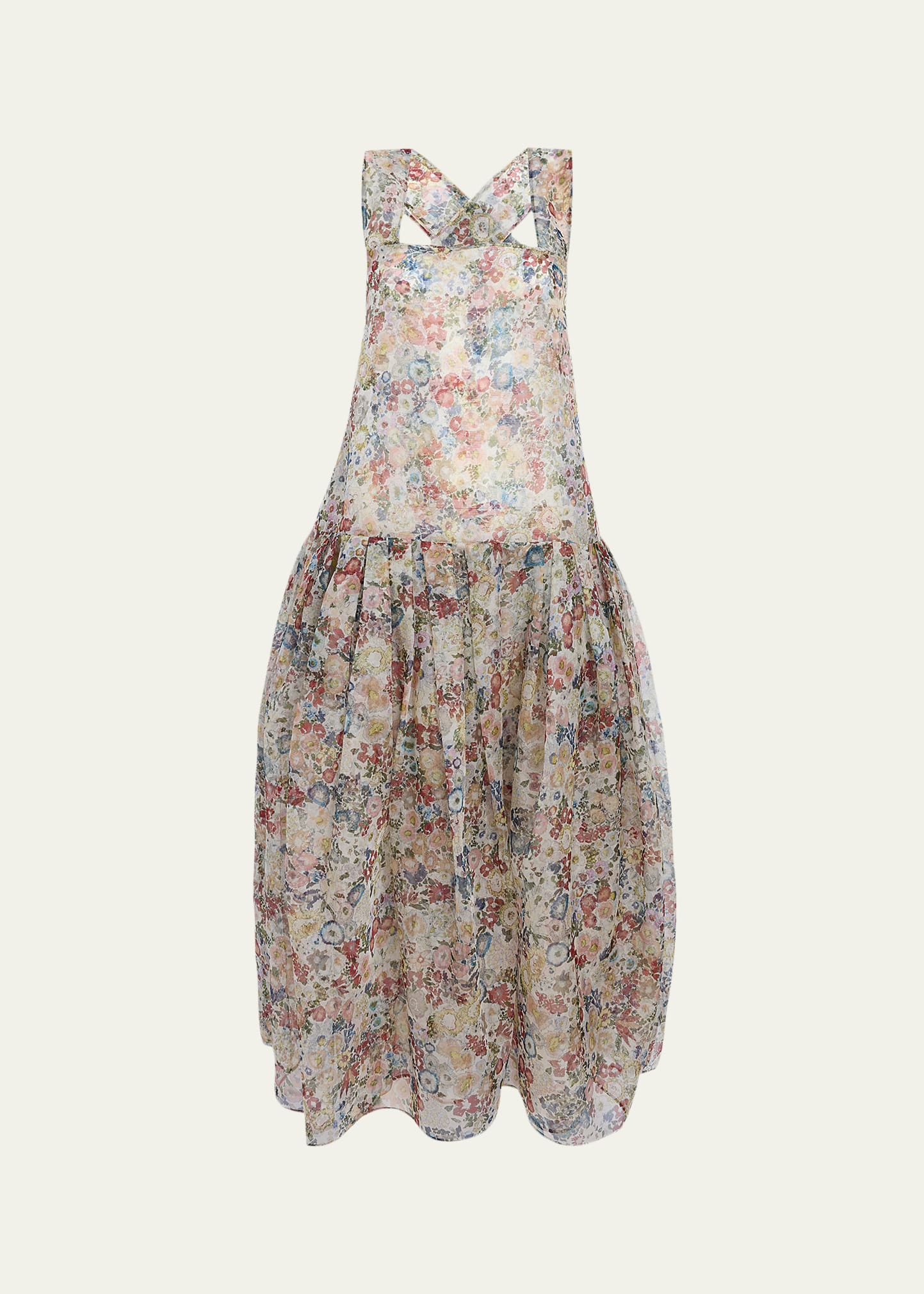 Amello Floral Silk Organza Backless Tea-Length Dress