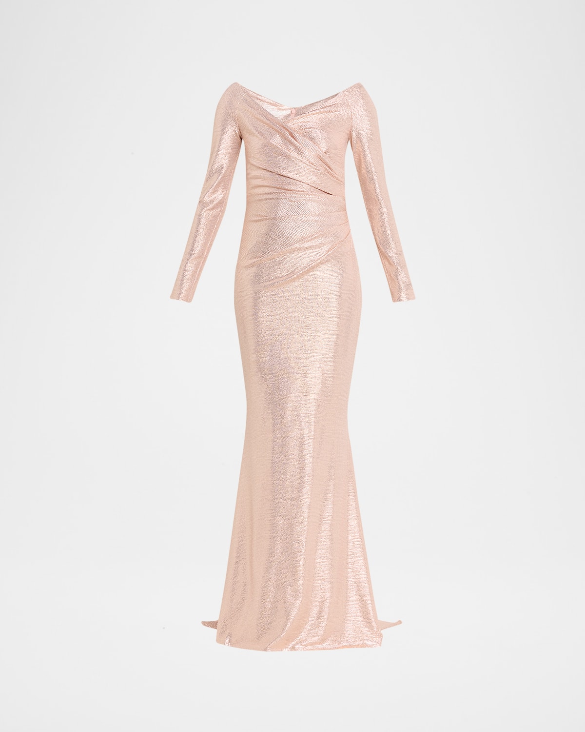Talbot Runhof Metallic Draped Off-The-Shoulder Long-Sleeve Gown, Blush, Women's, 38 de (8 Us), Long-Sleeve Gowns