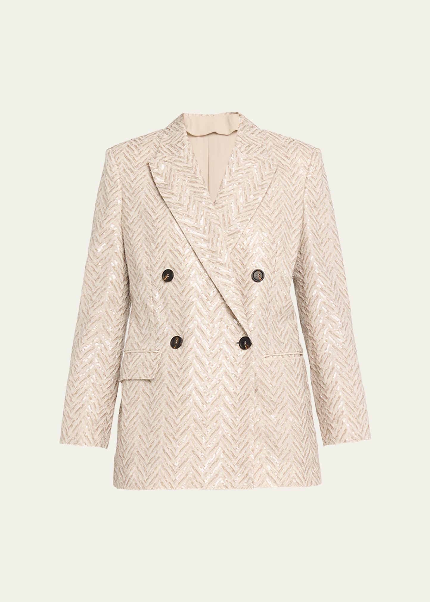 Brunello Cucinelli Dazzling Chevron Linen Double-Breasted Blazer Jacket