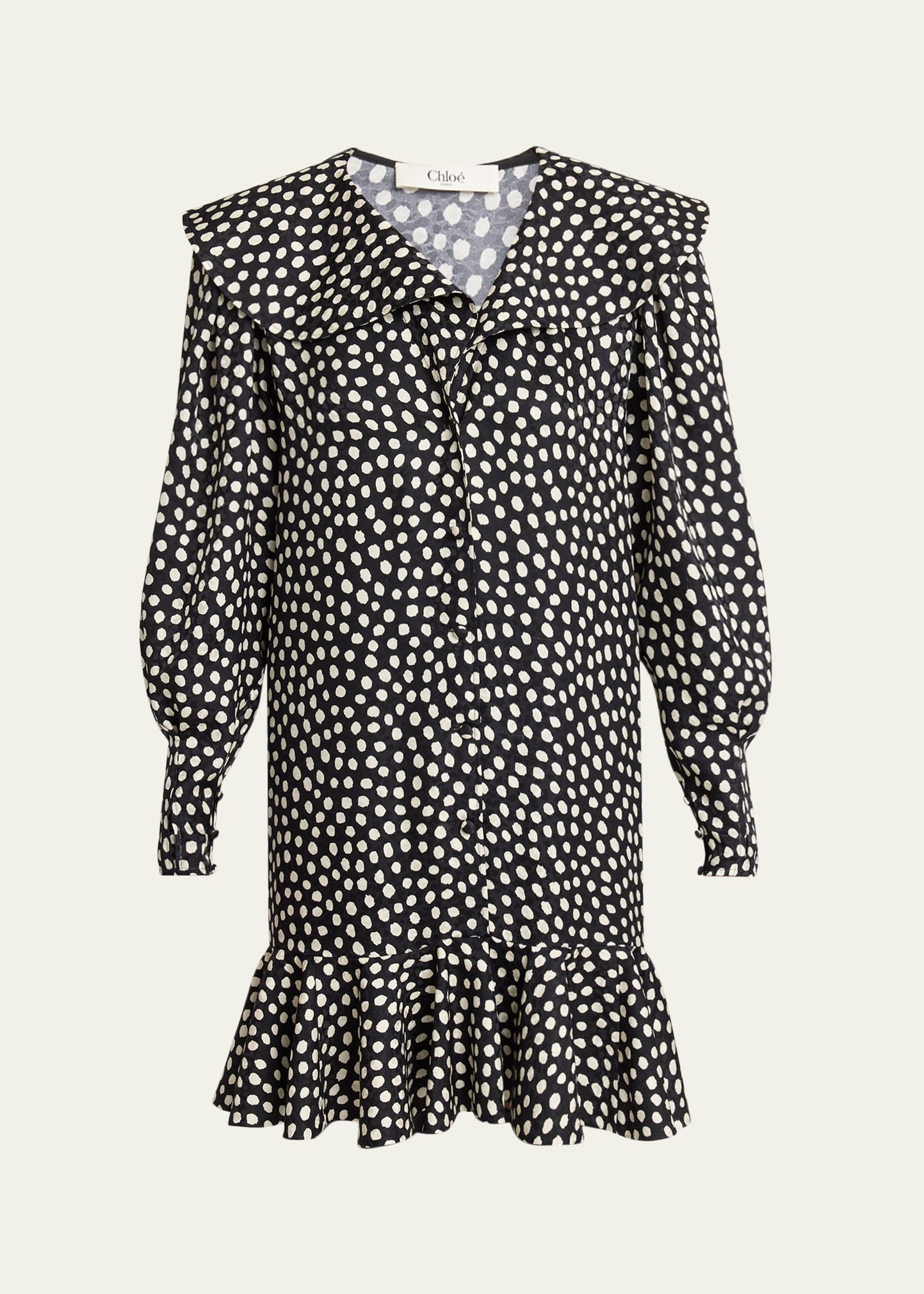 Chloe Dots-Print Silk Jacquard Capelet Long-Sleeve Mini Dress
