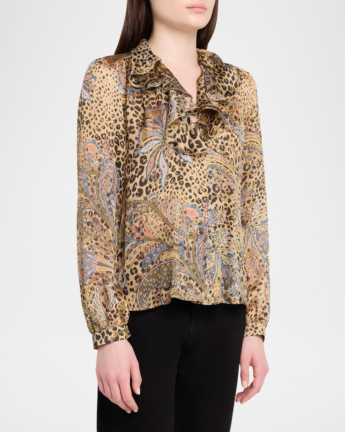 Etro Leopard Paisley-Print Silk Ruffle Blouse - Bergdorf Goodman