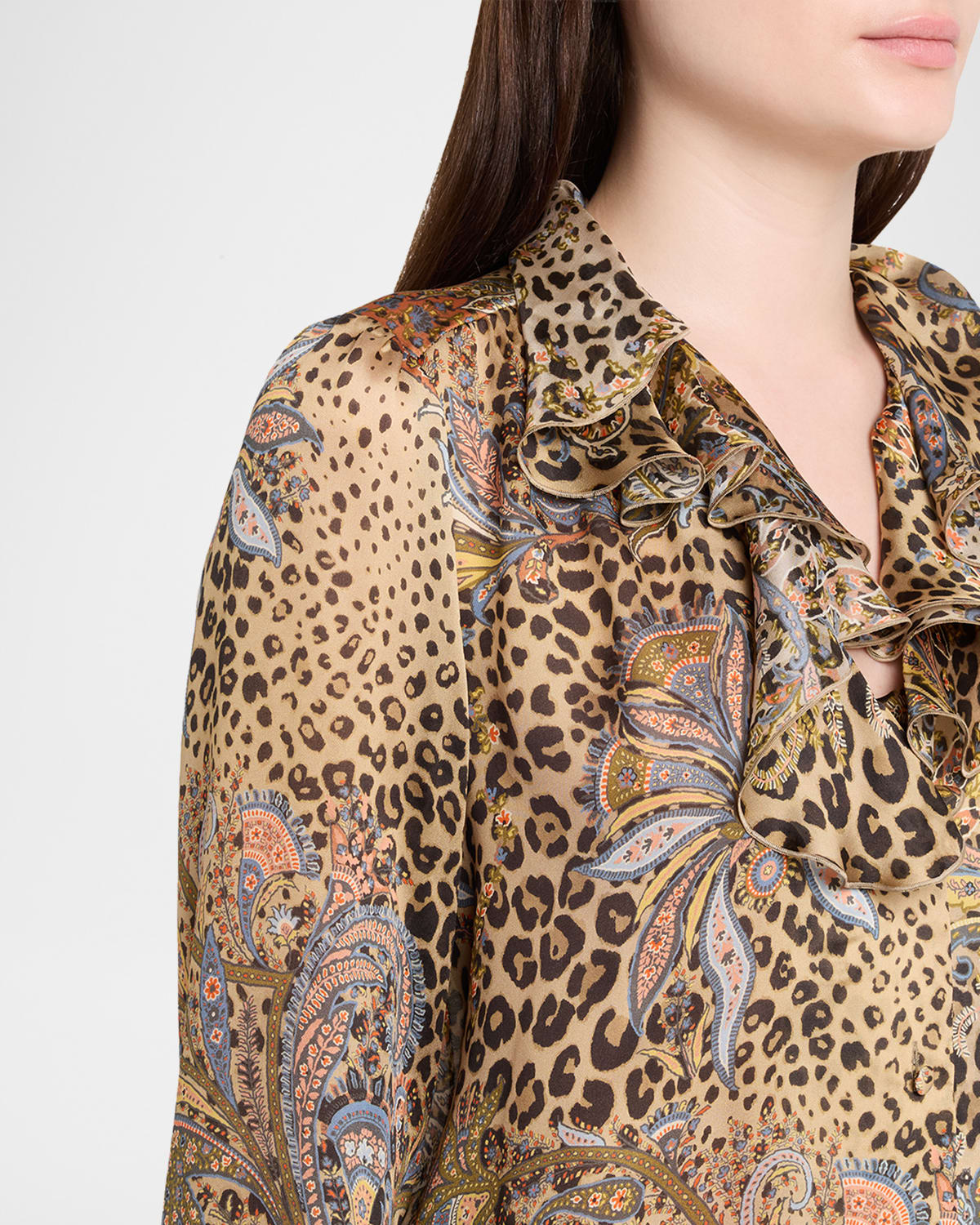 Etro Leopard Paisley-Print Silk Ruffle Blouse - Bergdorf Goodman