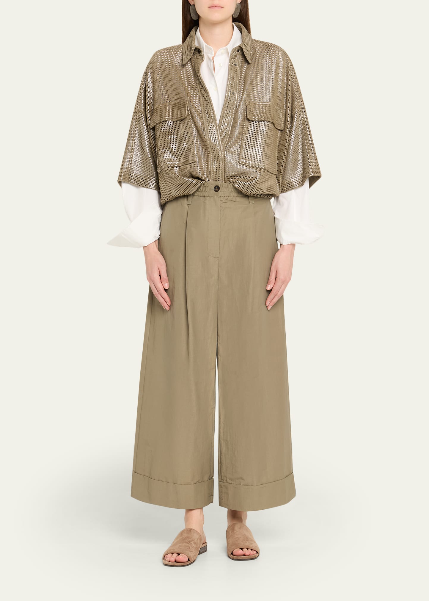 Brunello Cucinelli Lightweight Technical Cotton Wide-Leg Ankle