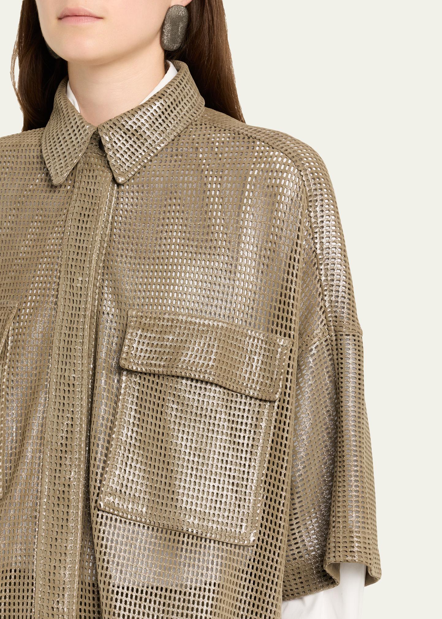 Brunello Cucinelli Laminated Perforated Leather Utility Shirt