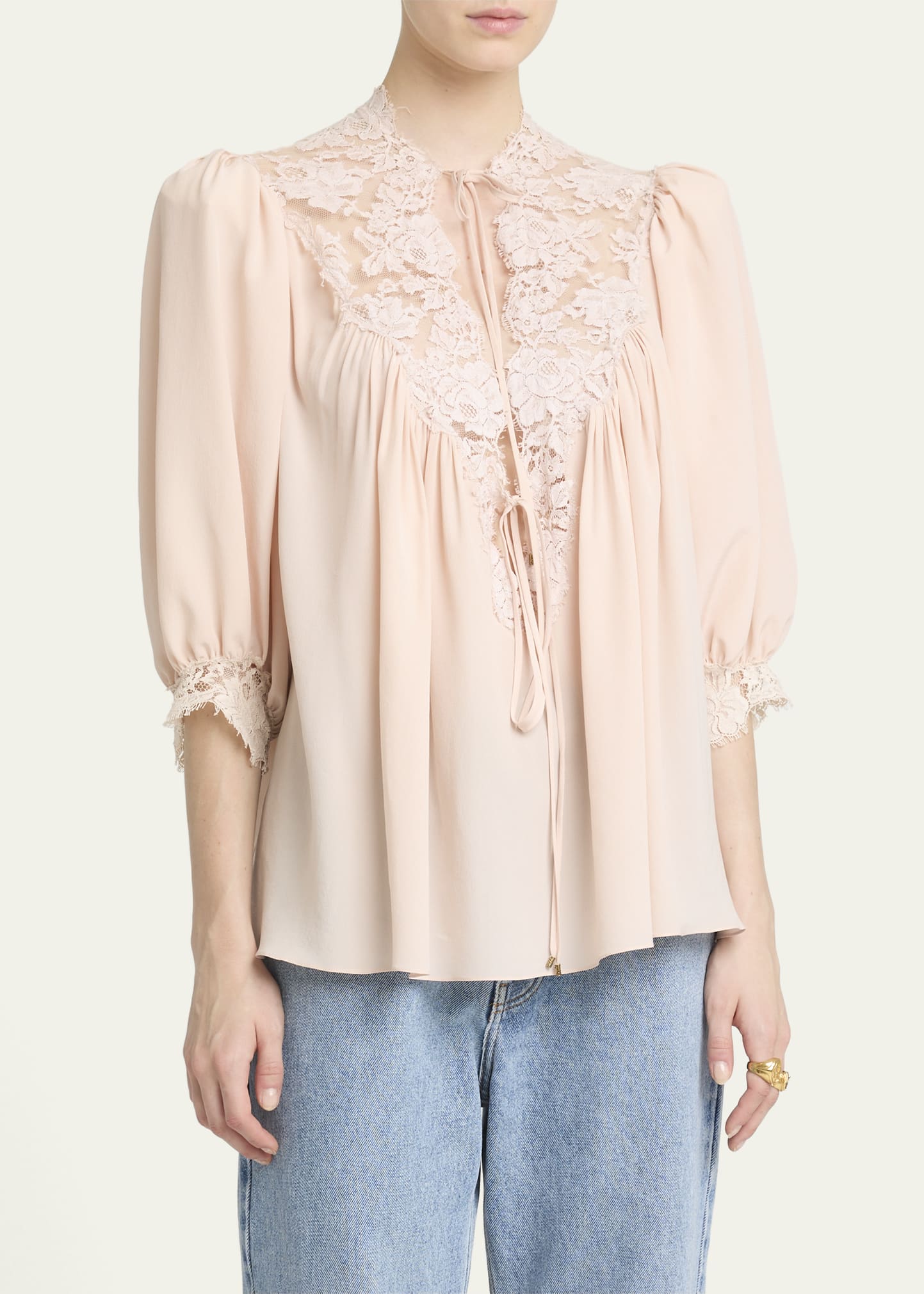 Chloe Lace-Trim Puff-Sleeve Organic Silk Crepe De Chine Top