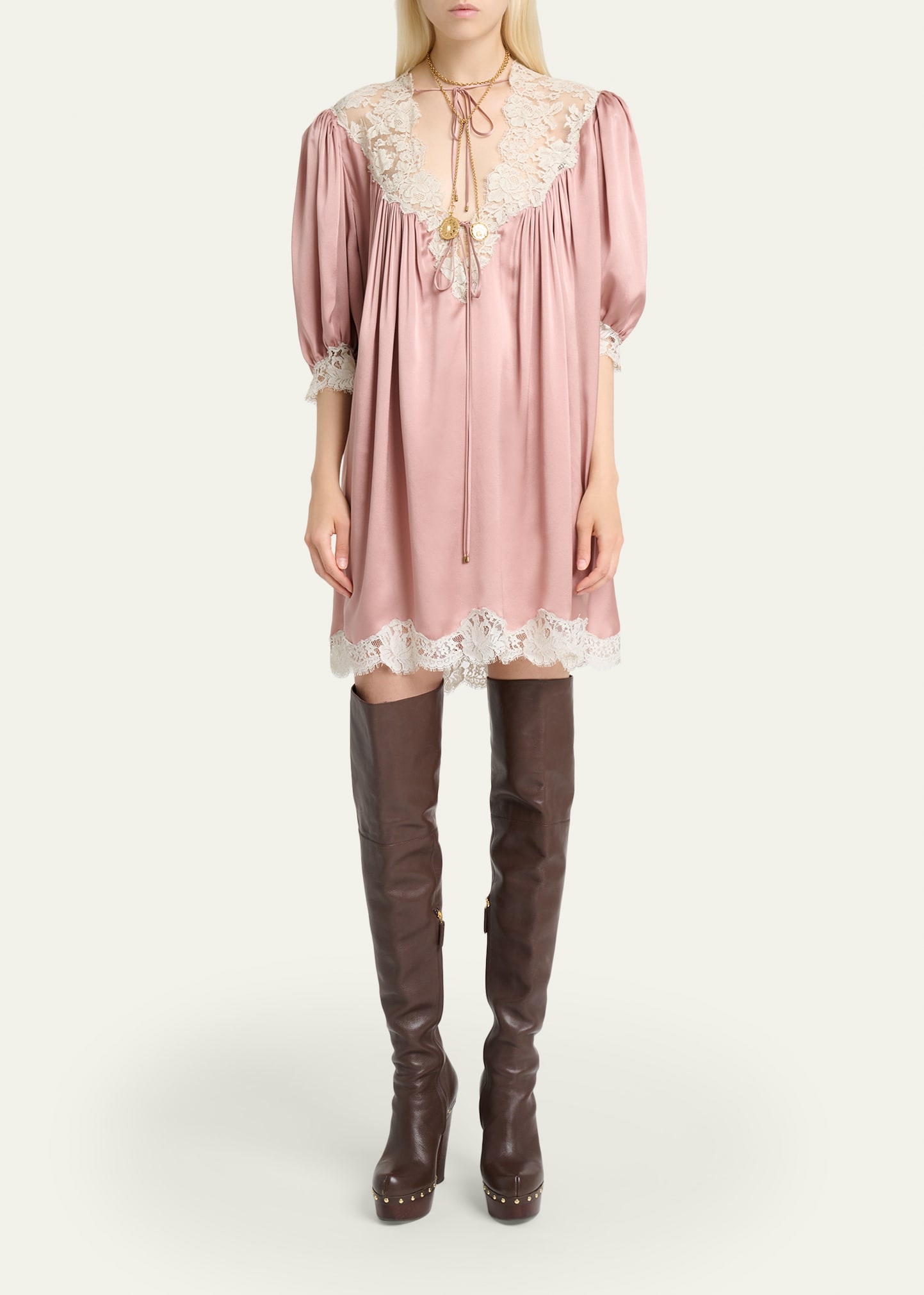 Chloe Lace-Trim Short-Sleeve Satin Mini Dress - Bergdorf Goodman