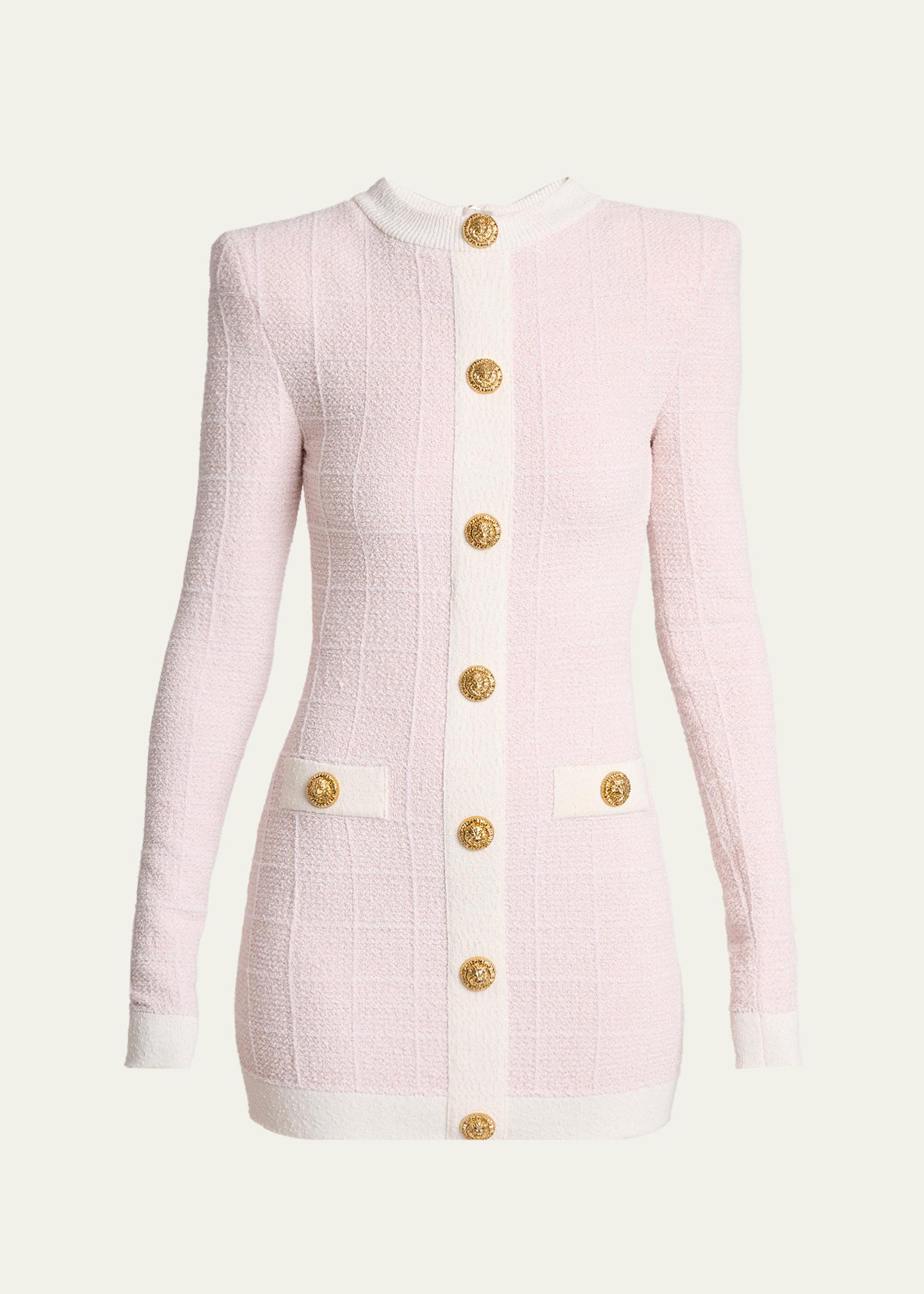 Balmain Buttoned Boucle Knit Strong-Shoulder Mini Dress