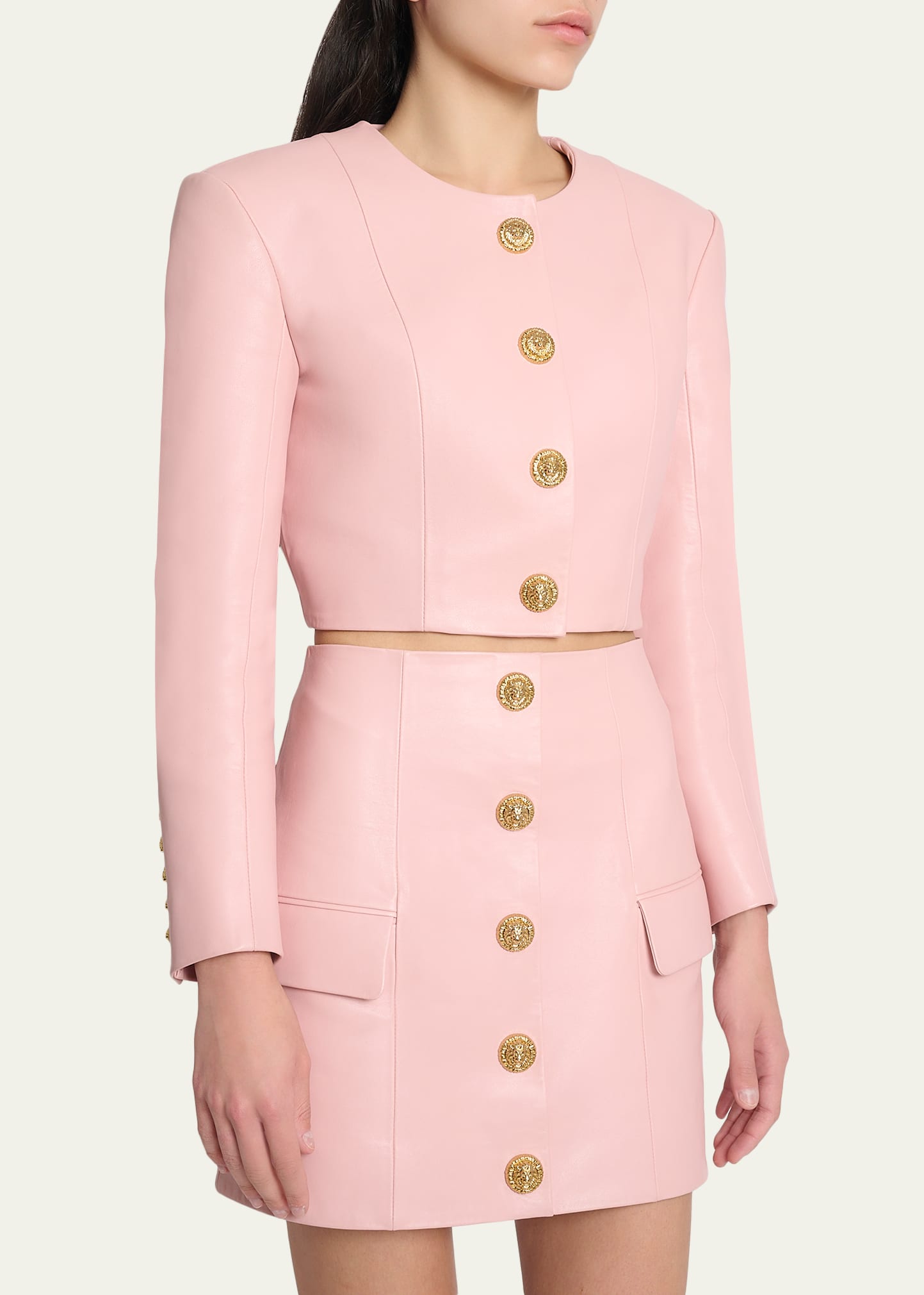 Balmain Buttoned Strong-Shoulder Leather Crop Jacket - Bergdorf
