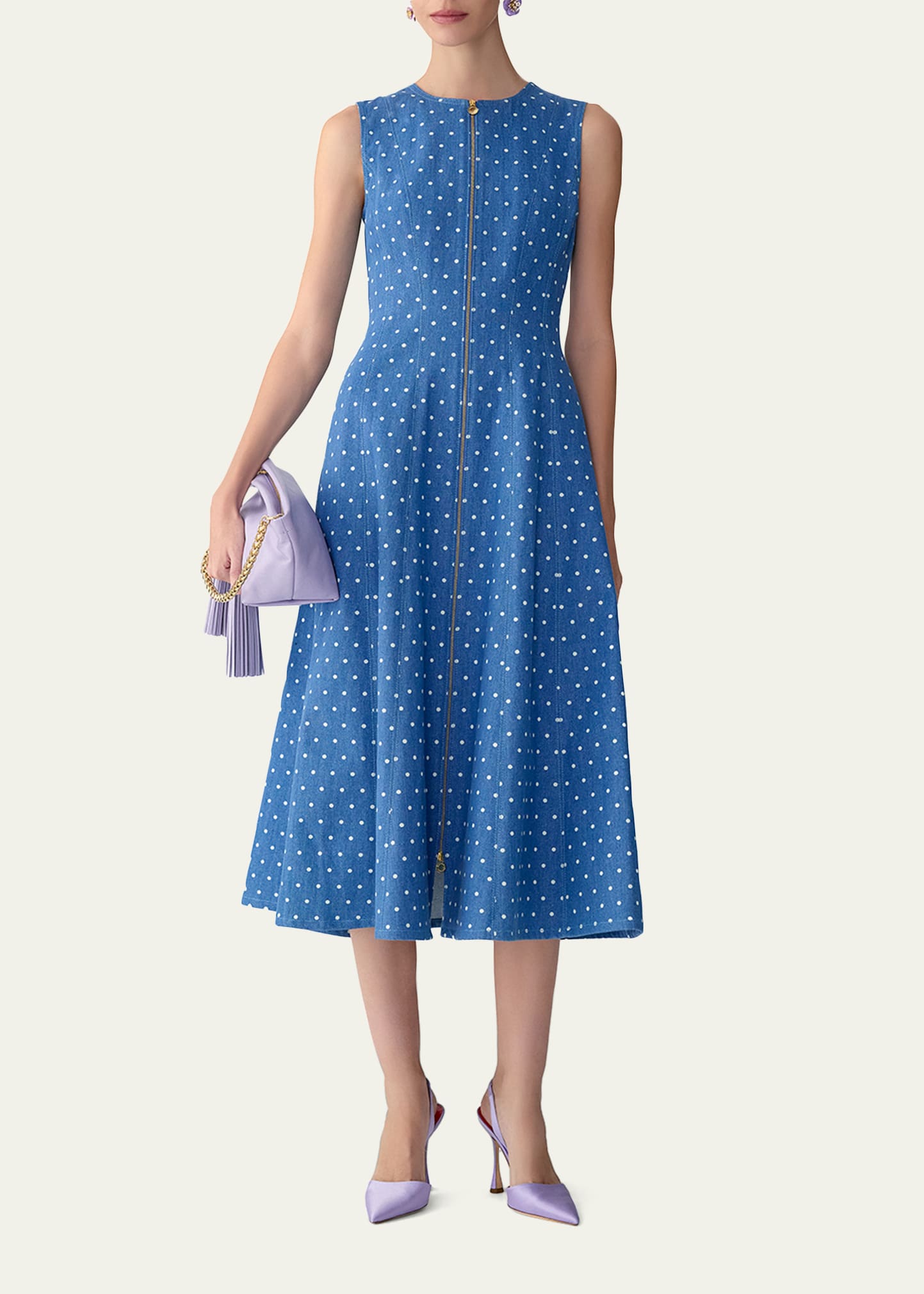 Carolina Herrera Sleeveless Polka-Dot Denim Zip-Front Midi Dress