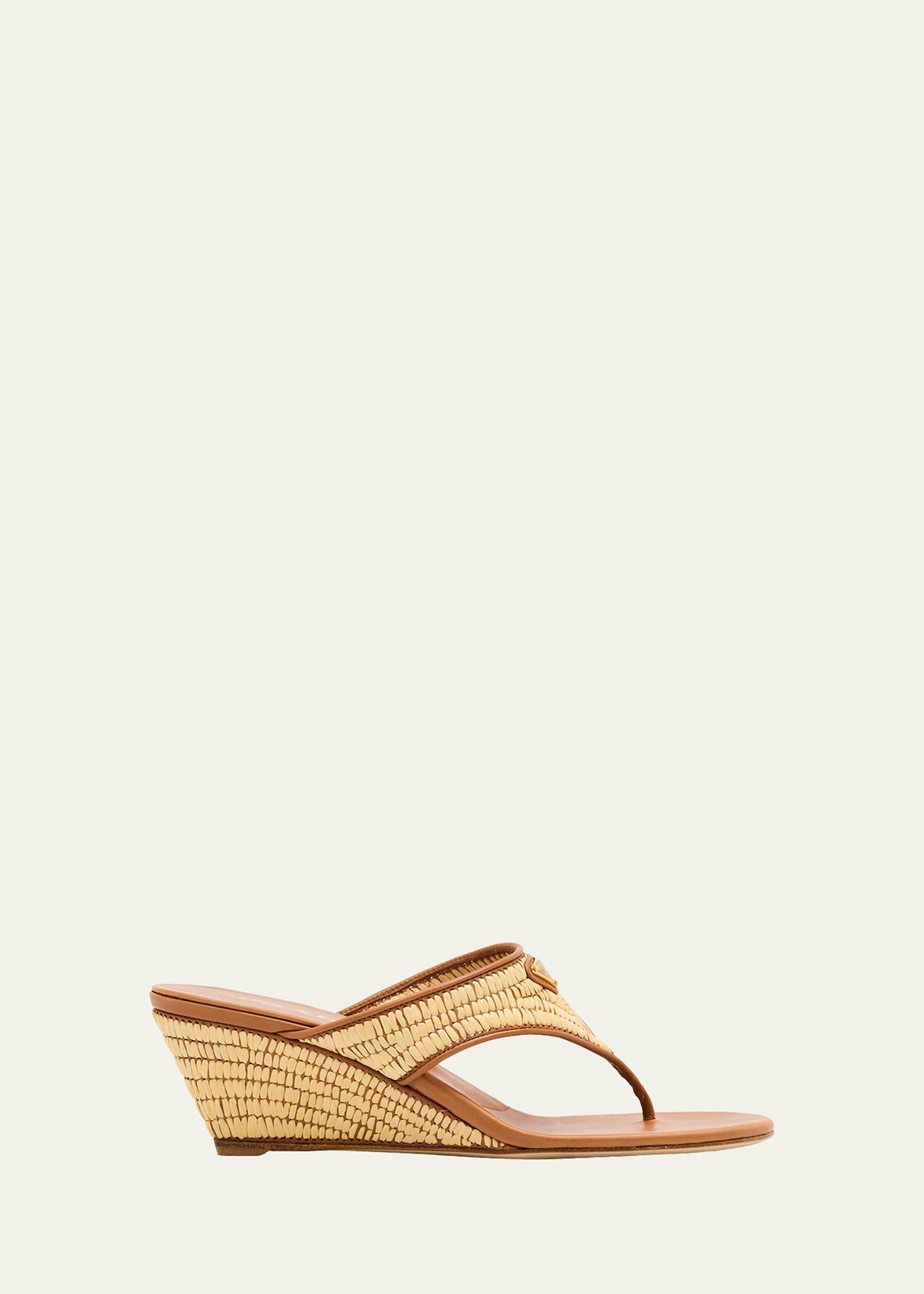 Prada 55mm Triangle Logo Raffia and Leather Thong Sandals