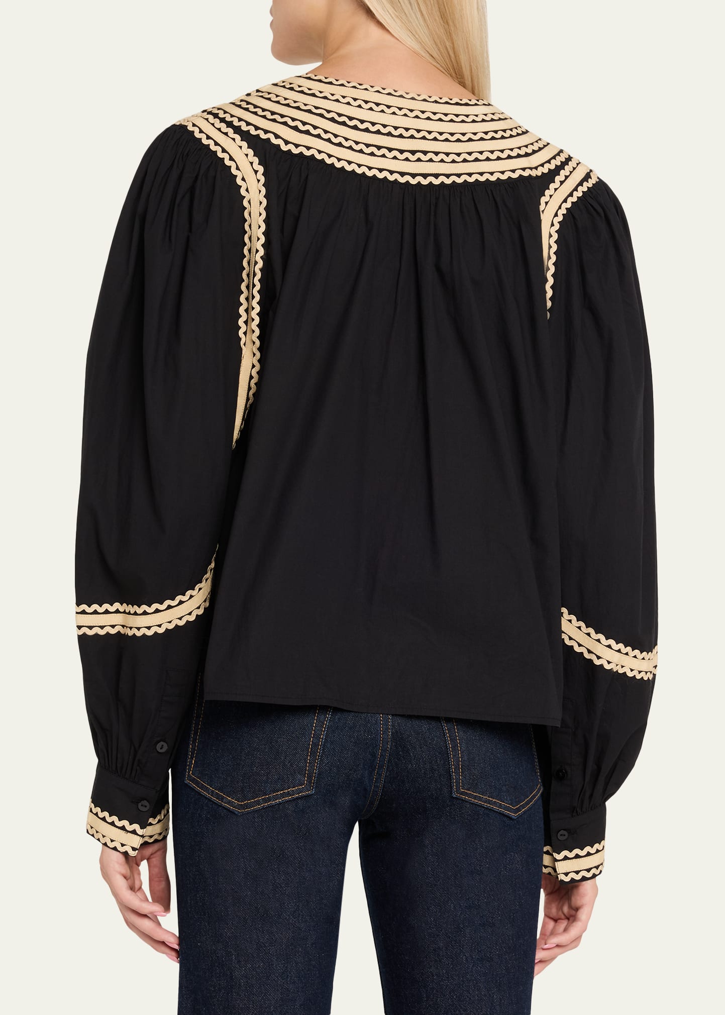 Ulla Johnson Laurenza Ric-Rac Trim Long-Sleeve Peasant Blouse