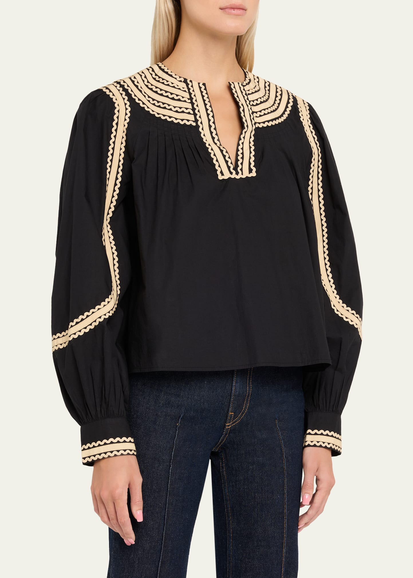 Ulla Johnson Laurenza Ric-Rac Trim Long-Sleeve Peasant Blouse