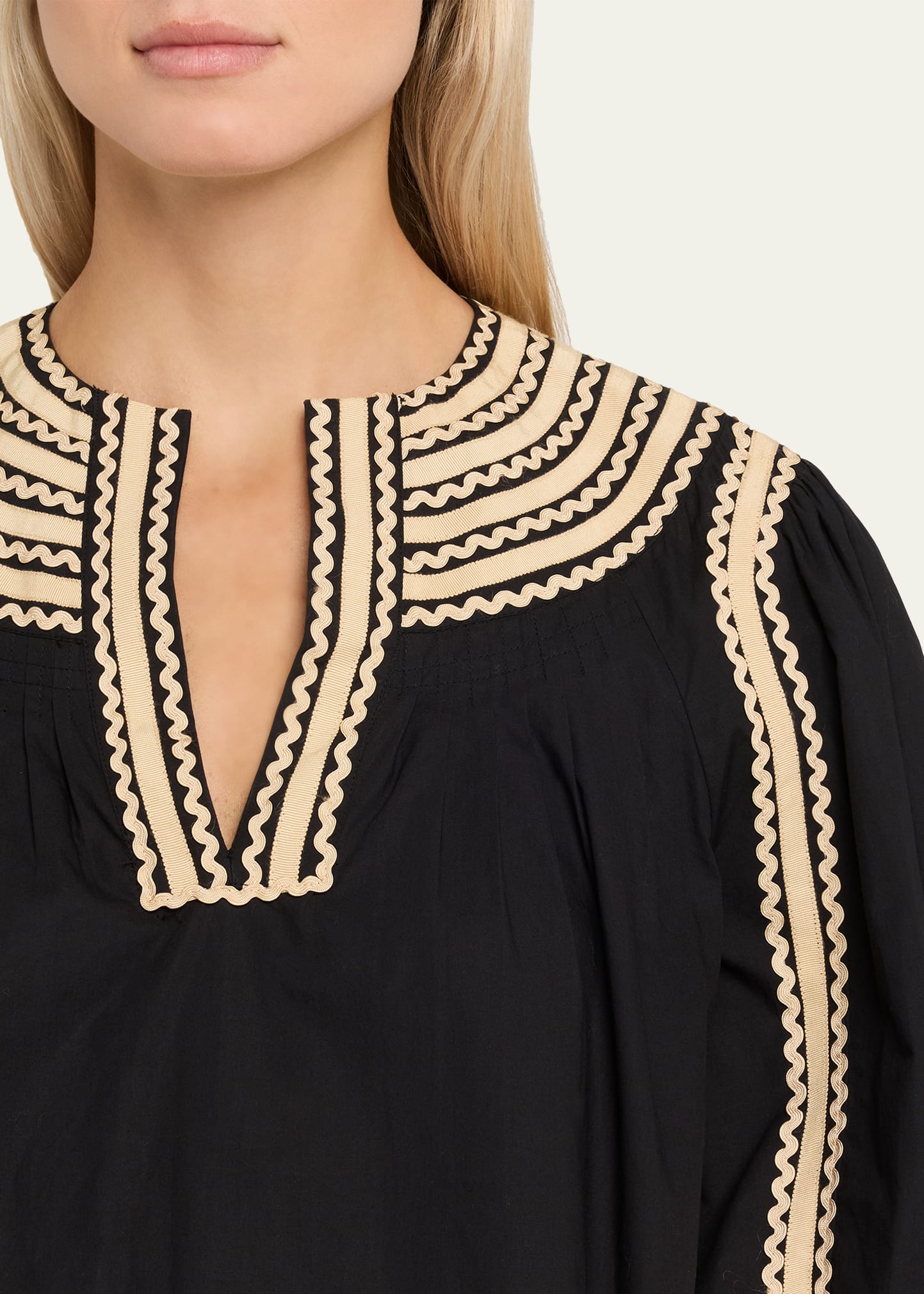Ulla Johnson Laurenza Ric-Rac Trim Long-Sleeve Peasant Blouse