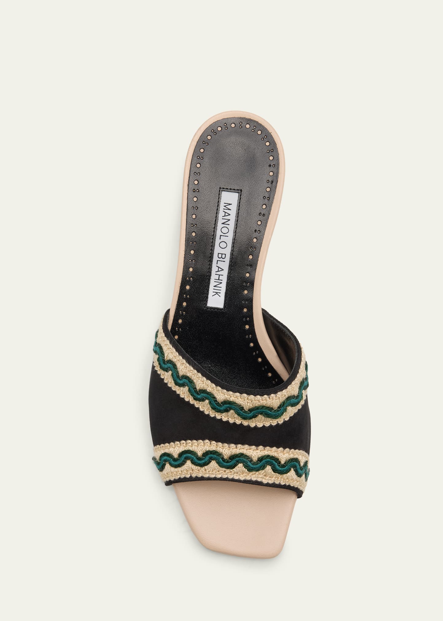 Manolo Blahnik 50mm Marebis Embroidered Crochet-Trim Suede Mules