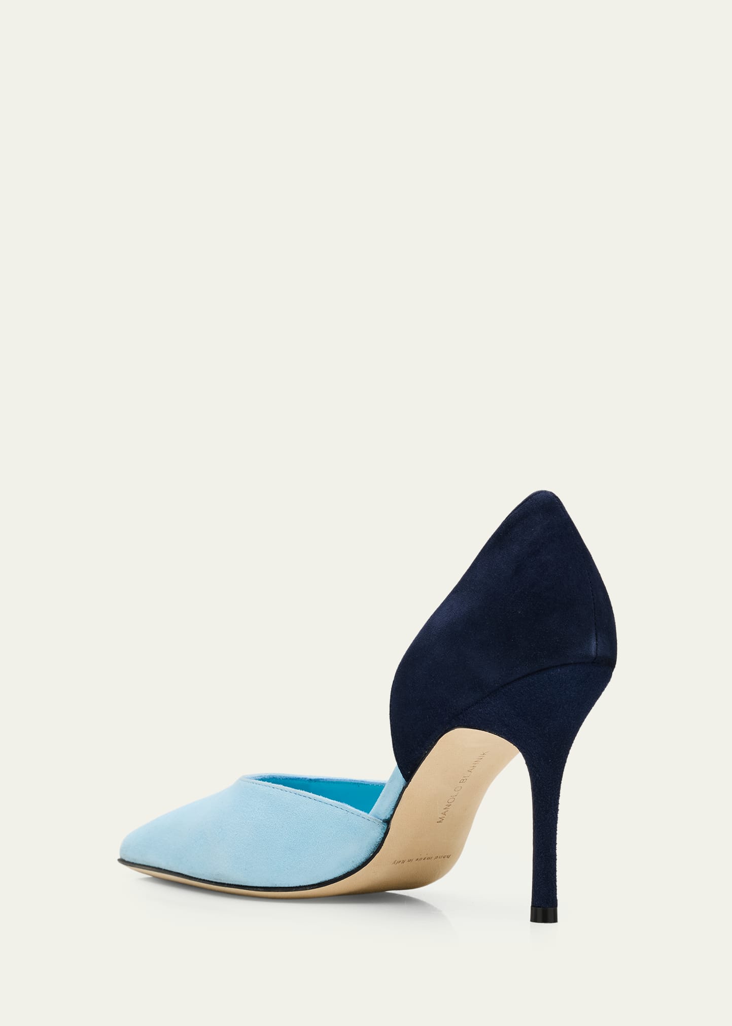 Manolo Blahnik 90mm Taylerbinu Bicolor Suede Pointed-Toe Pumps