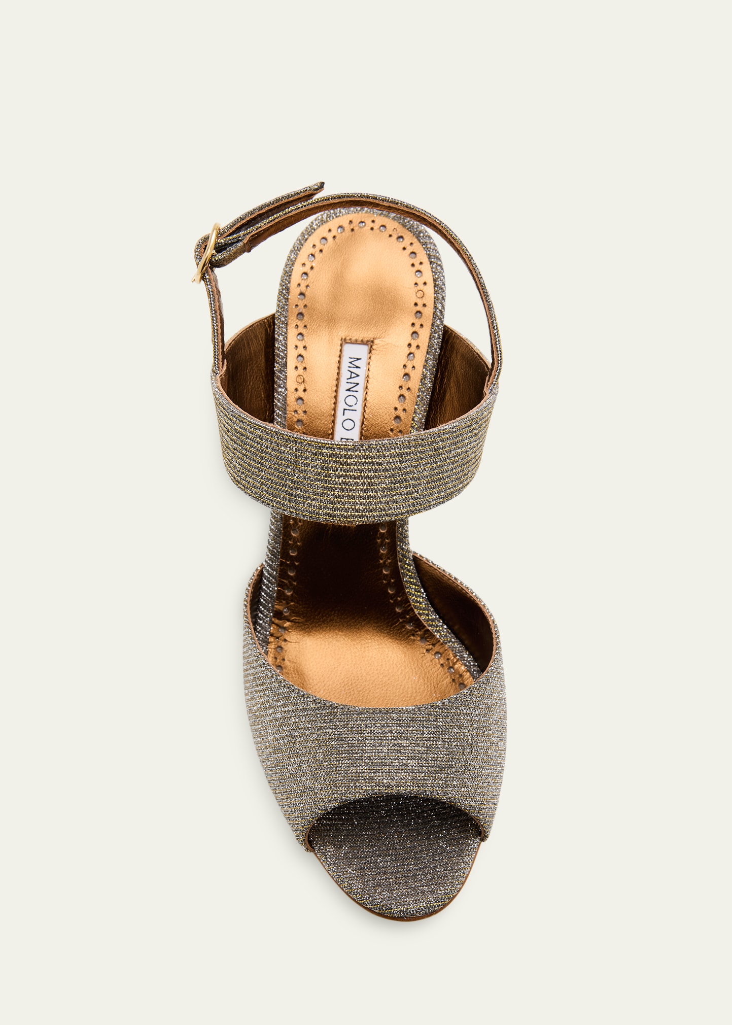 Manolo Blahnik 90mm Khiko Metallic Peep-Toe Slingback Sandals