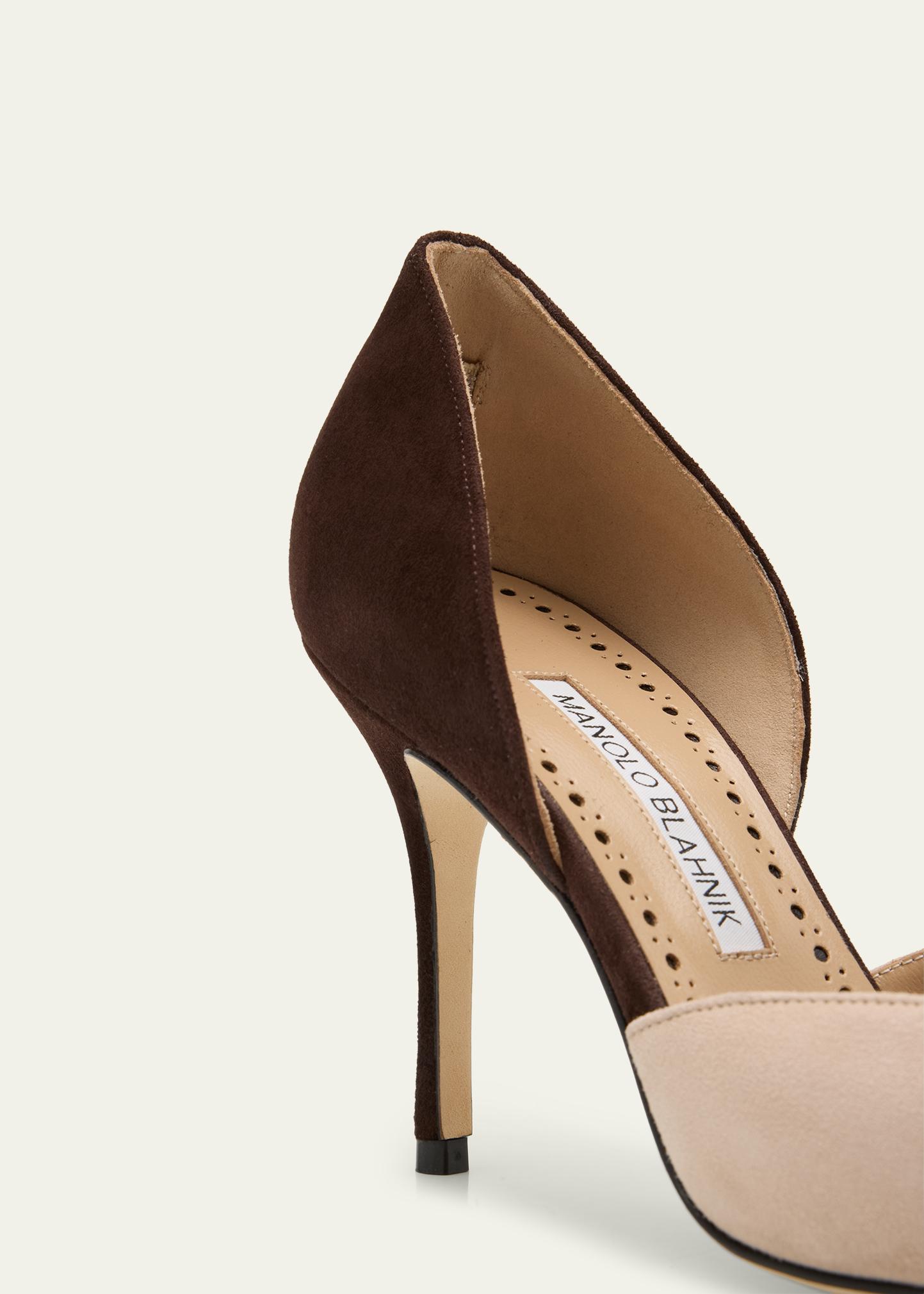 Manolo Blahnik 90mm Taylerbinu Bicolor Suede Pointed-Toe Pumps