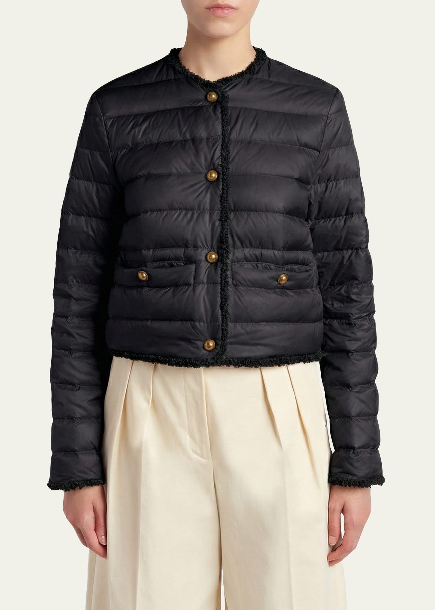 Moncler Fleurs Bouclé-Trim Short Down Jacket - Bergdorf Goodman
