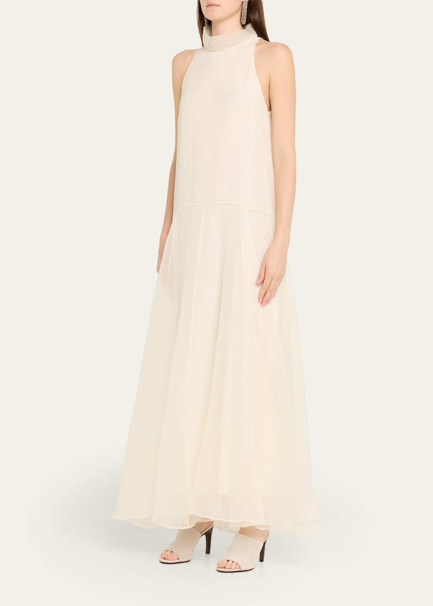 Brunello Cucinelli Crispy Silk Chiffon Drop-Waist Sleeveless Maxi