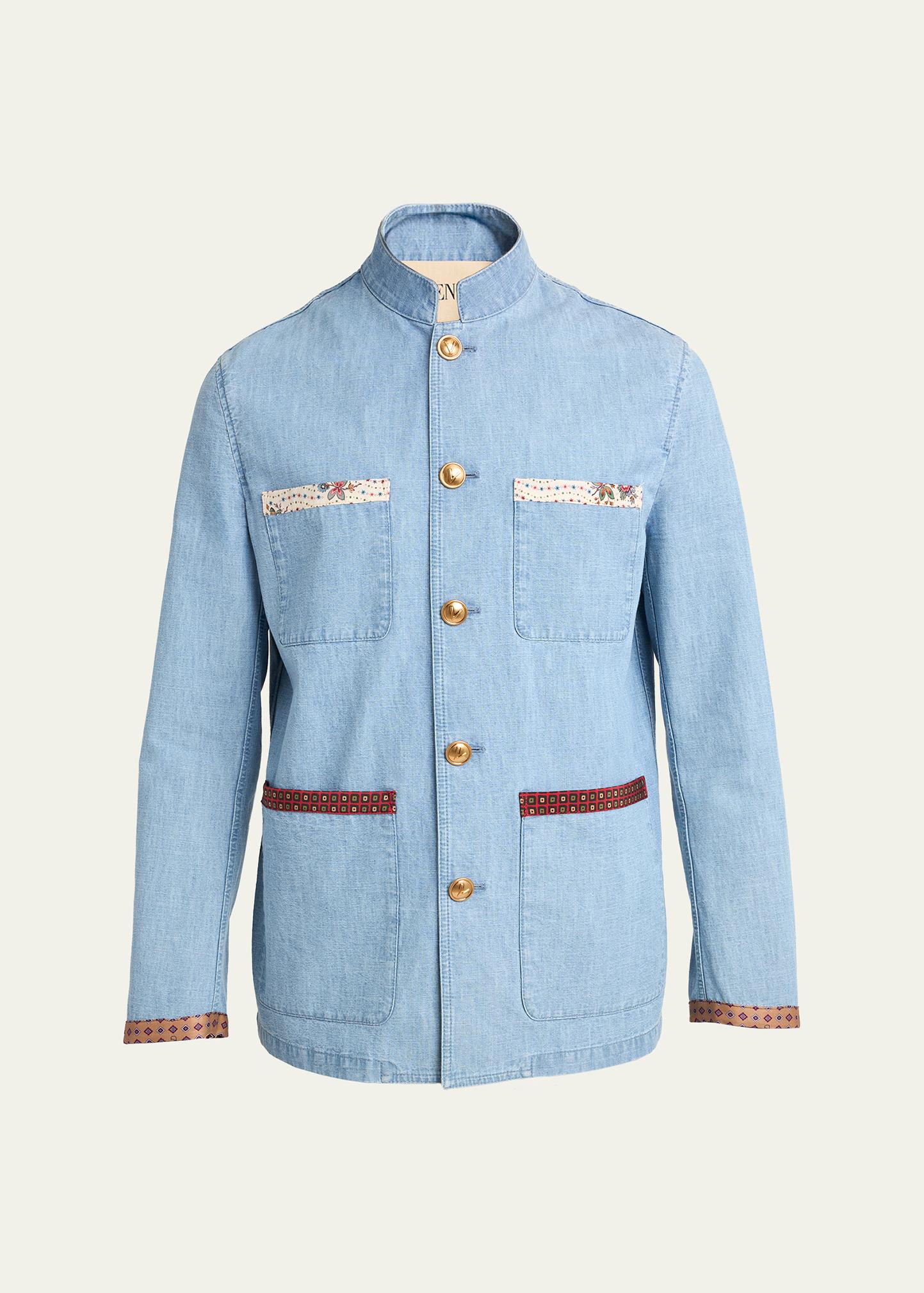 Valentino Garavani Men's Denim Safari Jacket with Printed Trim