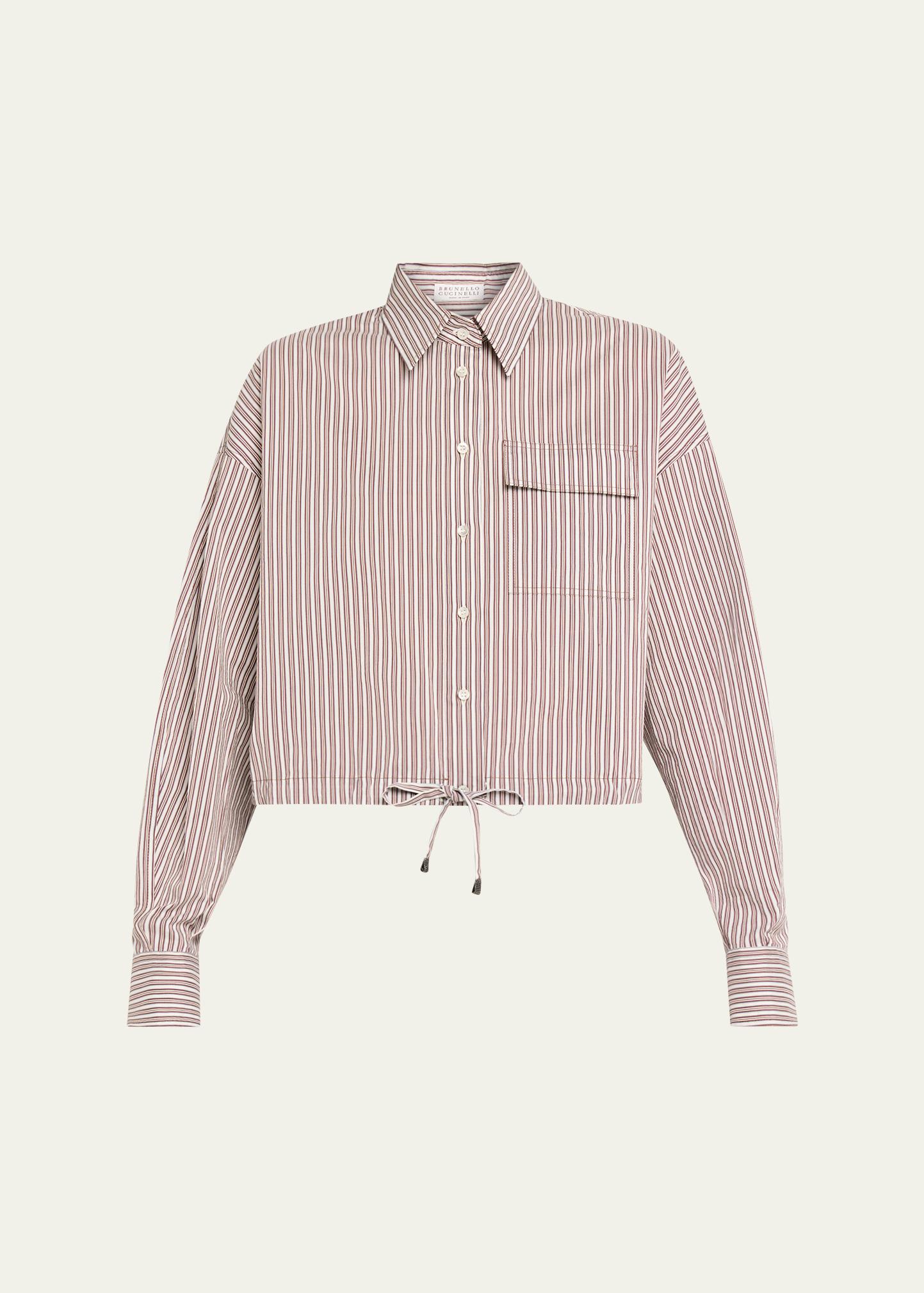 Brunello Cucinelli Striped Crispy Cotton-Silk Drawstring Button-Down Shirt