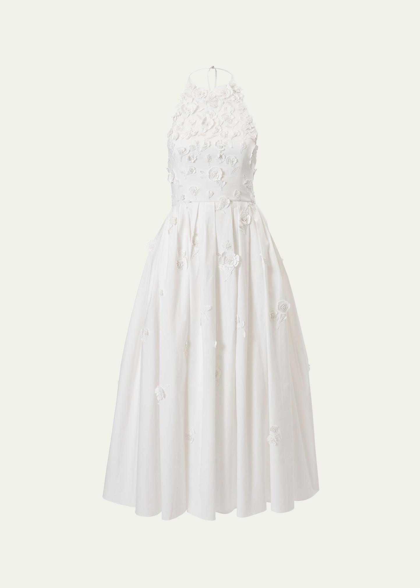 Carolina Herrera Floral Applique Cotton Halter Midi Dress