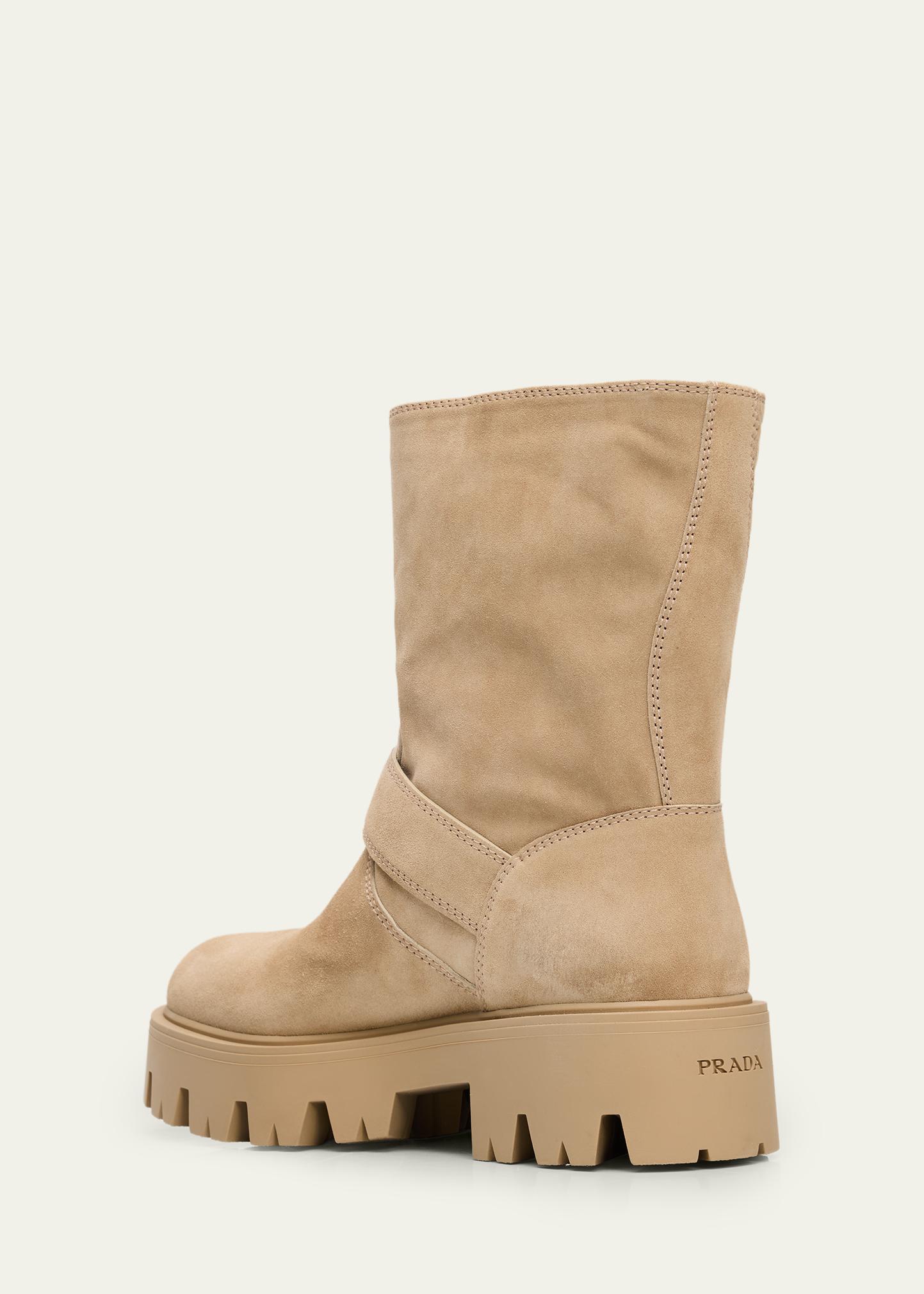 Prada Triangle Logo Suede Biker Boots - Bergdorf Goodman