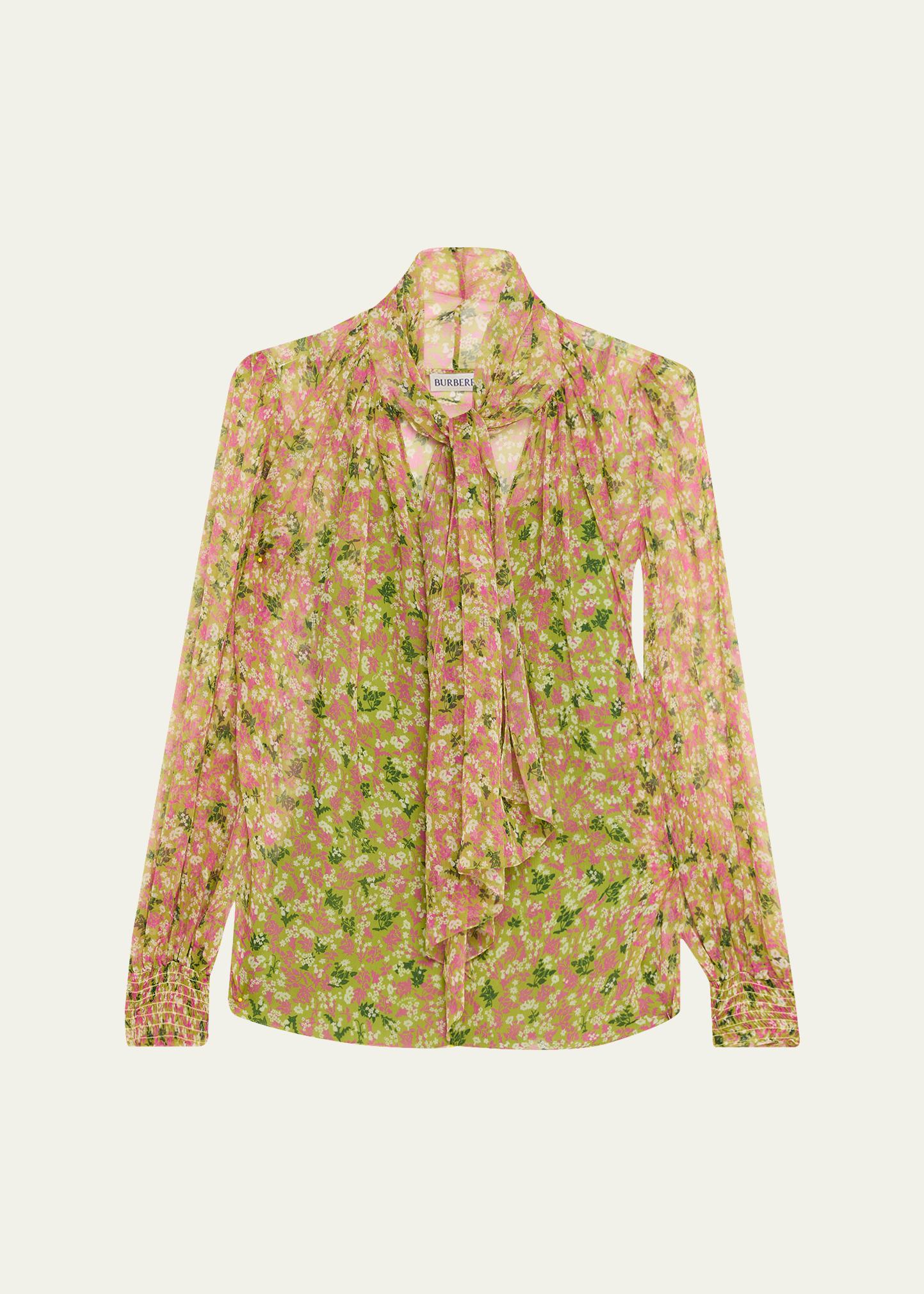 Burberry Lila Floral Silk Scarf-Tie Blouse