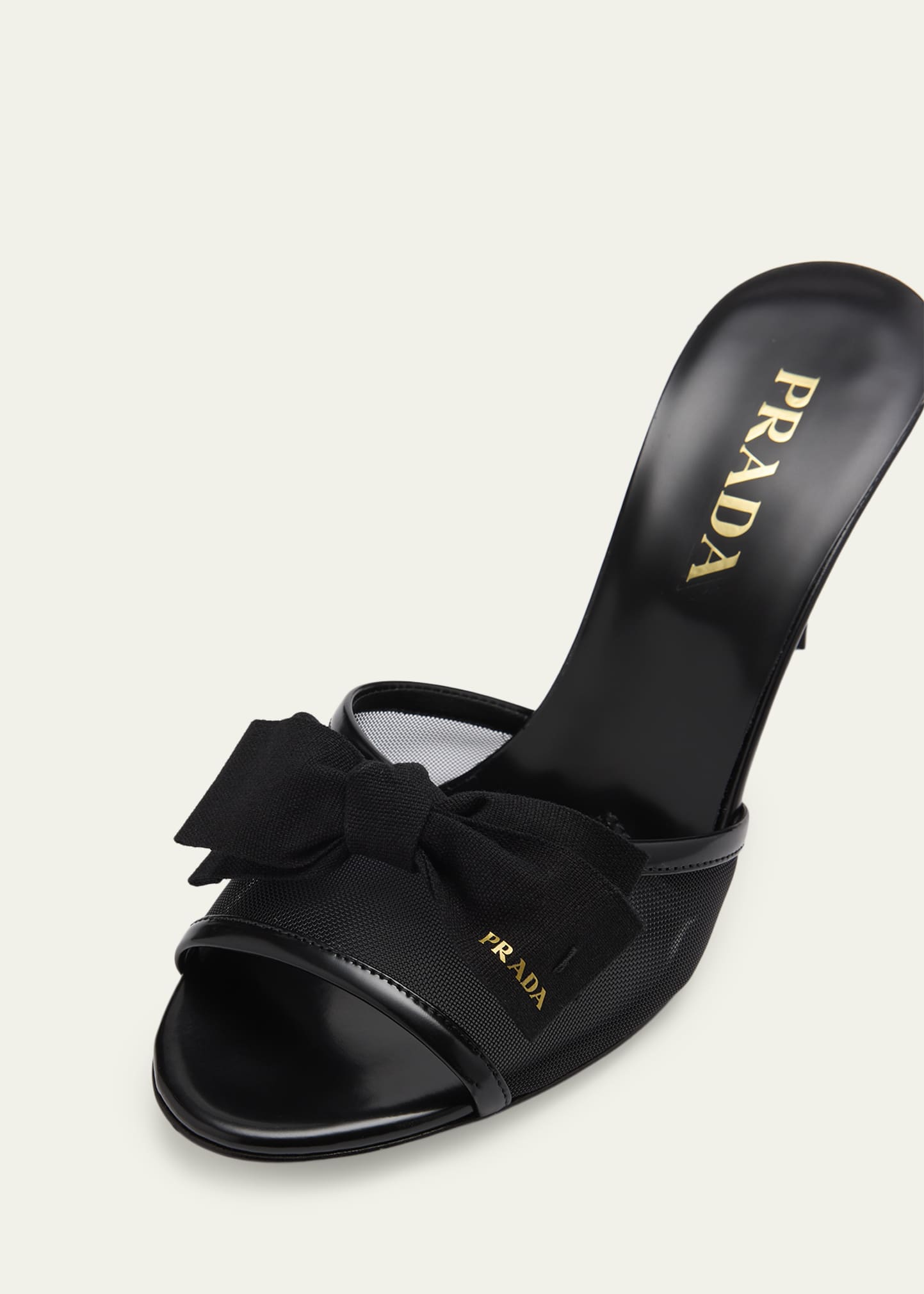 PRADAリボンパテントミュール Prada 75mm Logo Bow Mesh Mule Sandals - Bergdorf Goodman