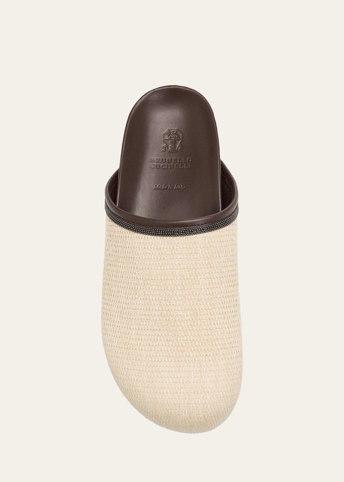 Brunello Cucinelli Monili Leather-Trimmed Raffia Mules - Bergdorf
