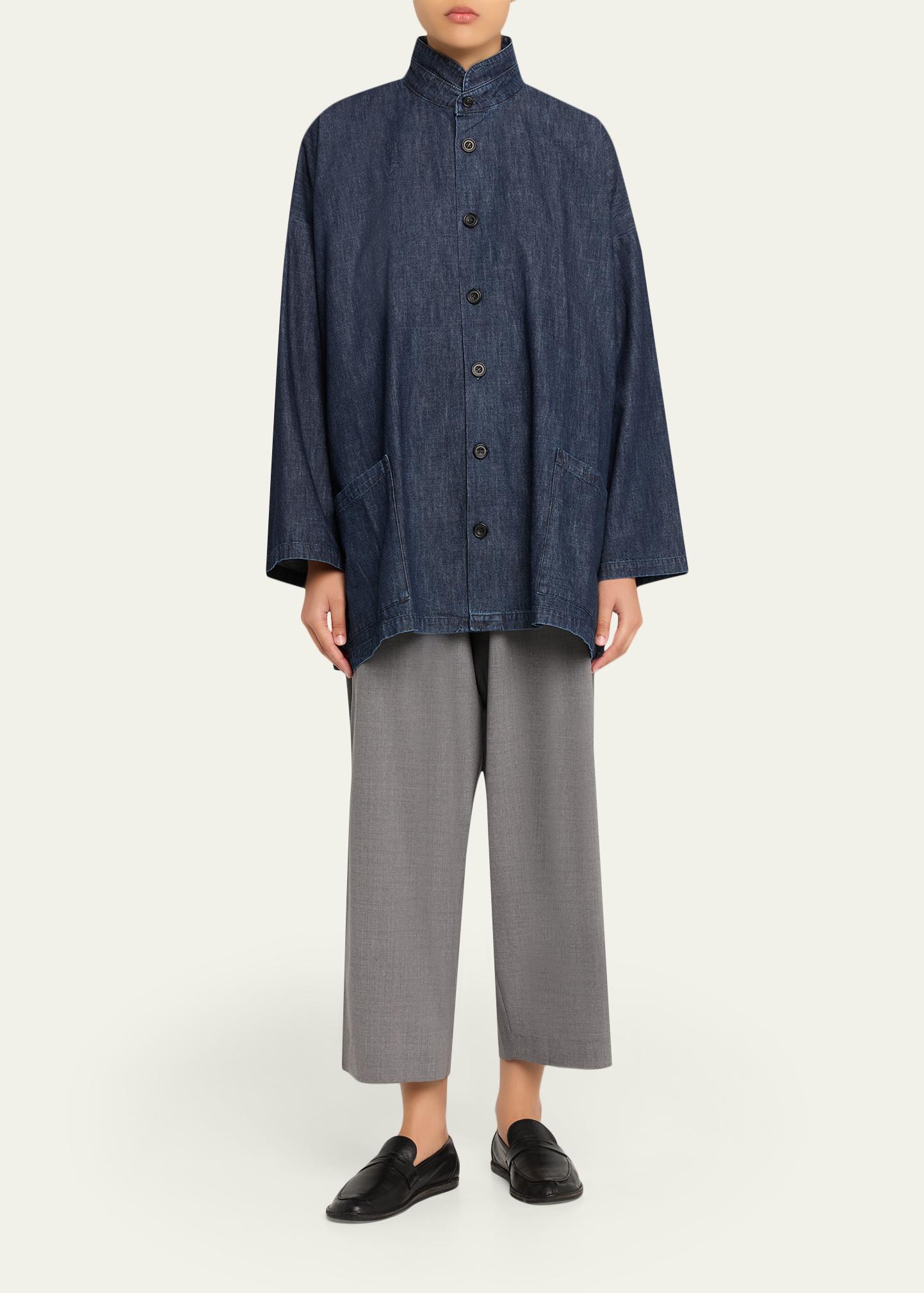 Eskandar Cotton Denim Angle To Front Double Stand Collar Jacket