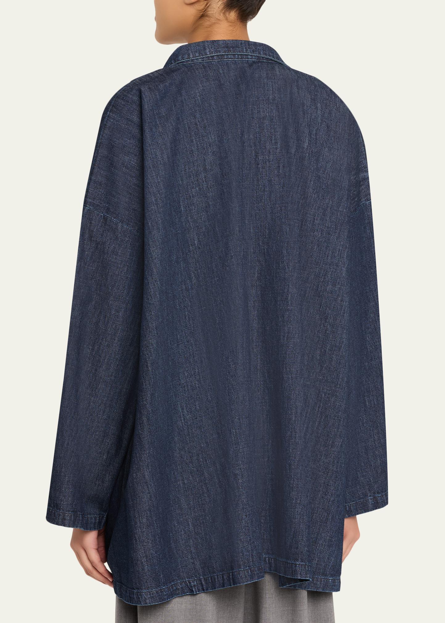 Eskandar Cotton Denim Angle To Front Double Stand Collar Jacket