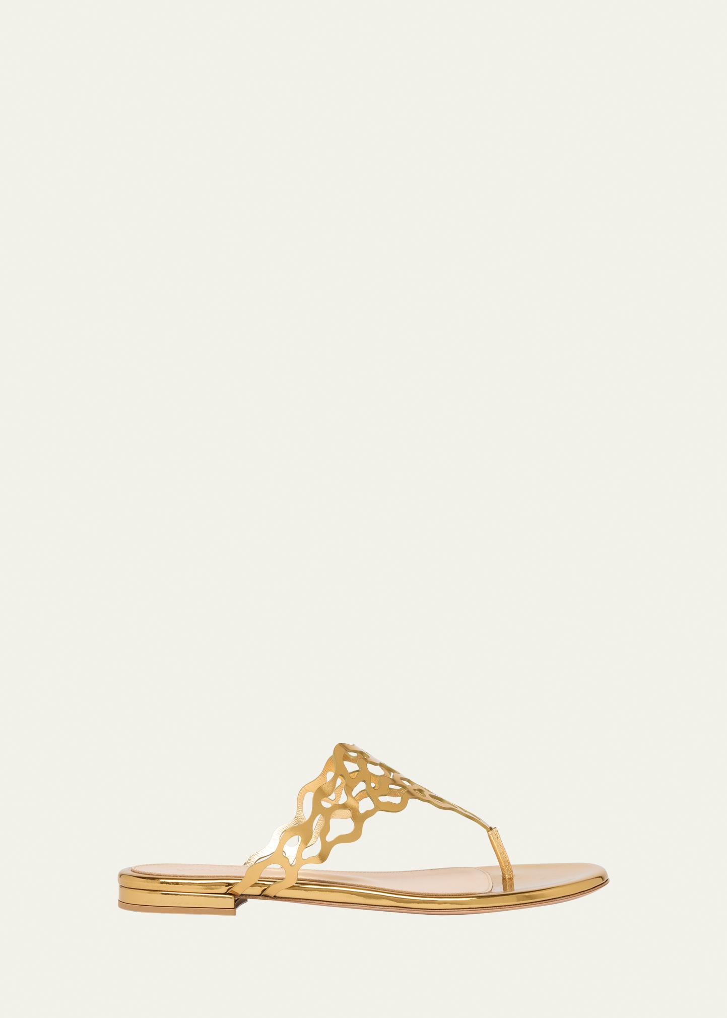 Gianvito Rossi Laser-Cut Metallic Leather Thong Sandals  