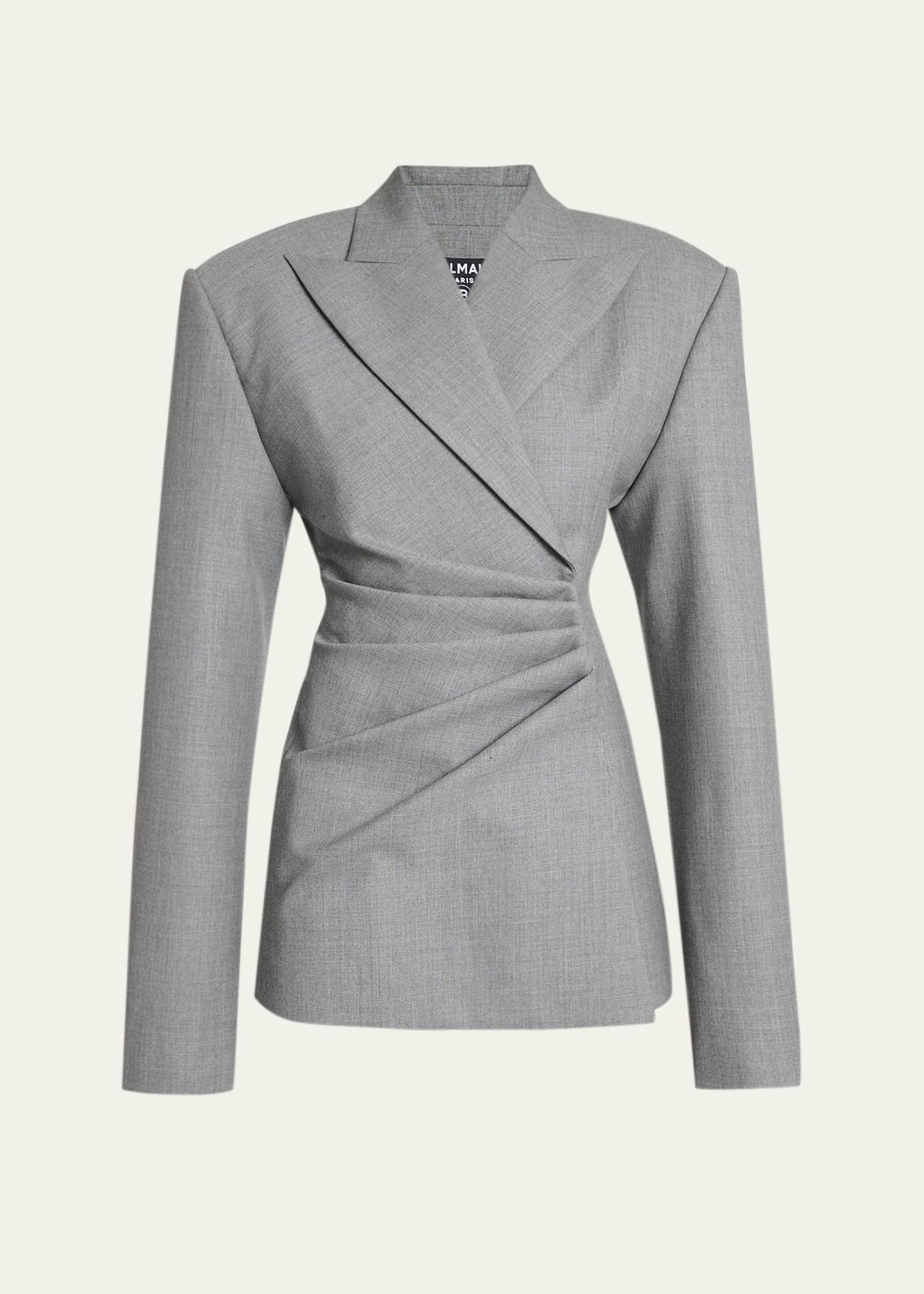 Balmain Strong-Shoulder Draped Mini Blazer Dress