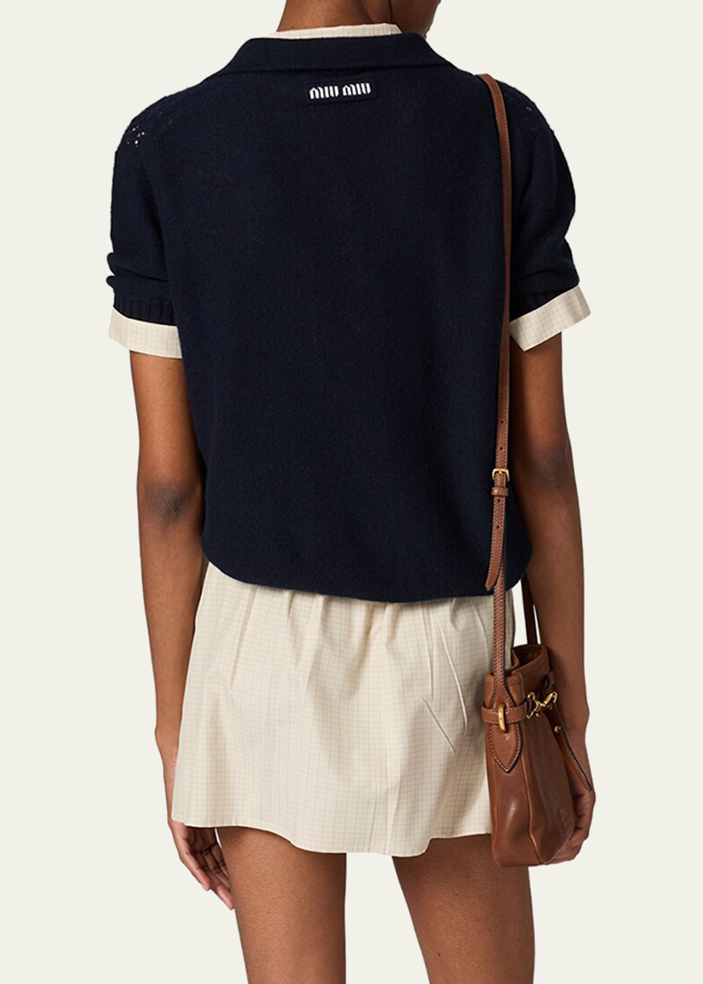 Miu Miu Pointelle Cashmere Knit Short-Sleeve Polo Sweater