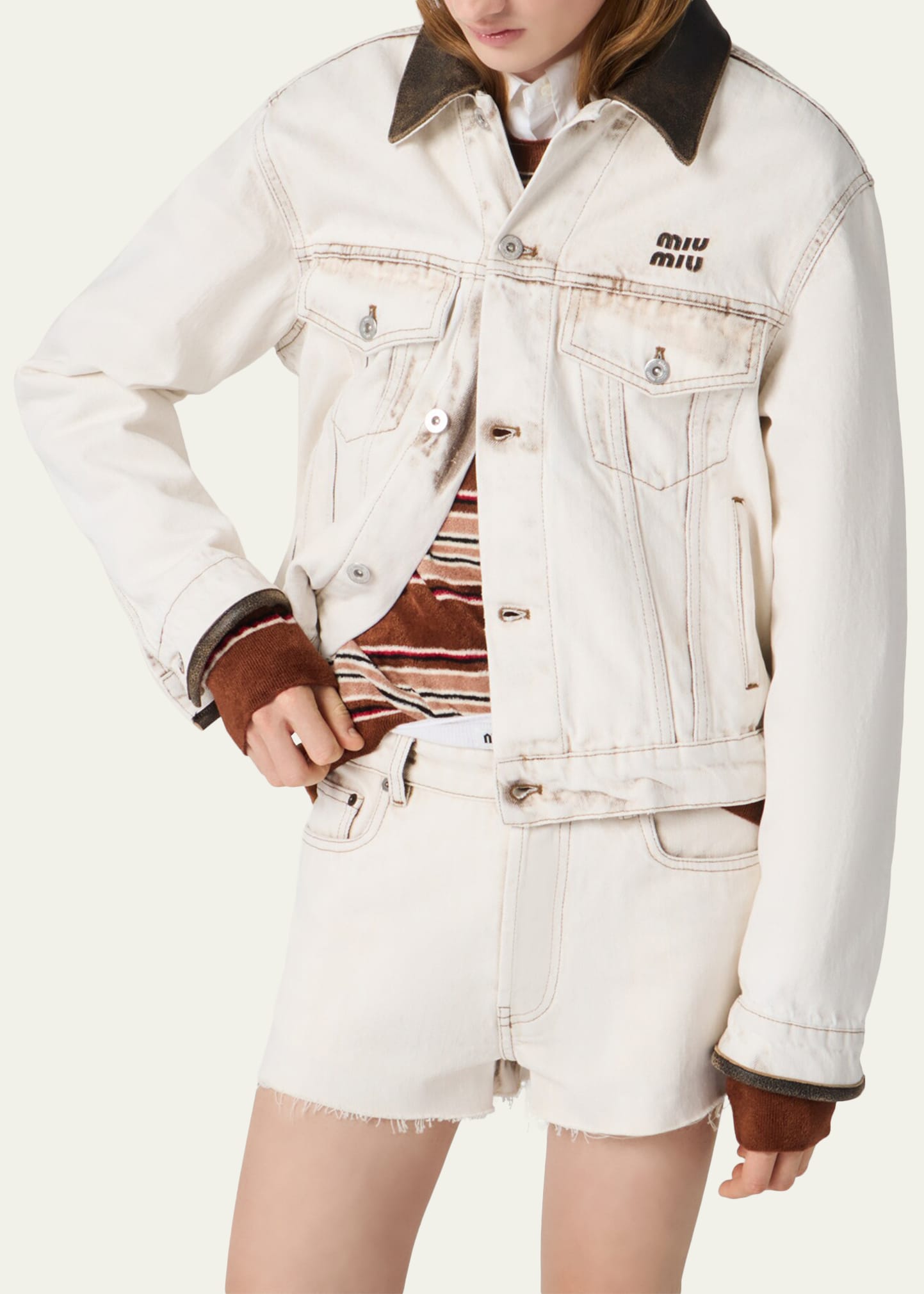 Miu Miu Leather-Collar Denim Jacket - Bergdorf Goodman
