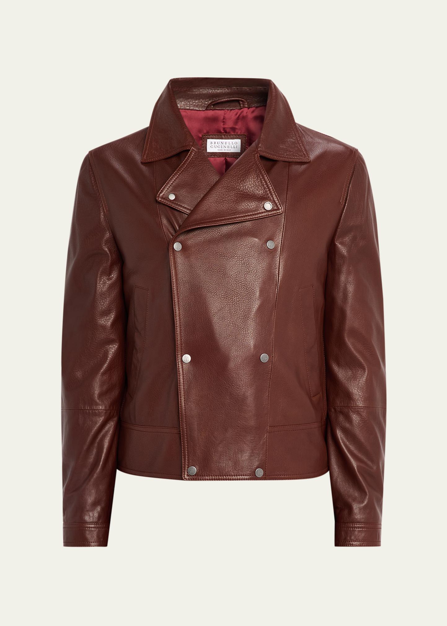 Brunello Cucinelli Men's Double-Breasted Grained Leather Jacket