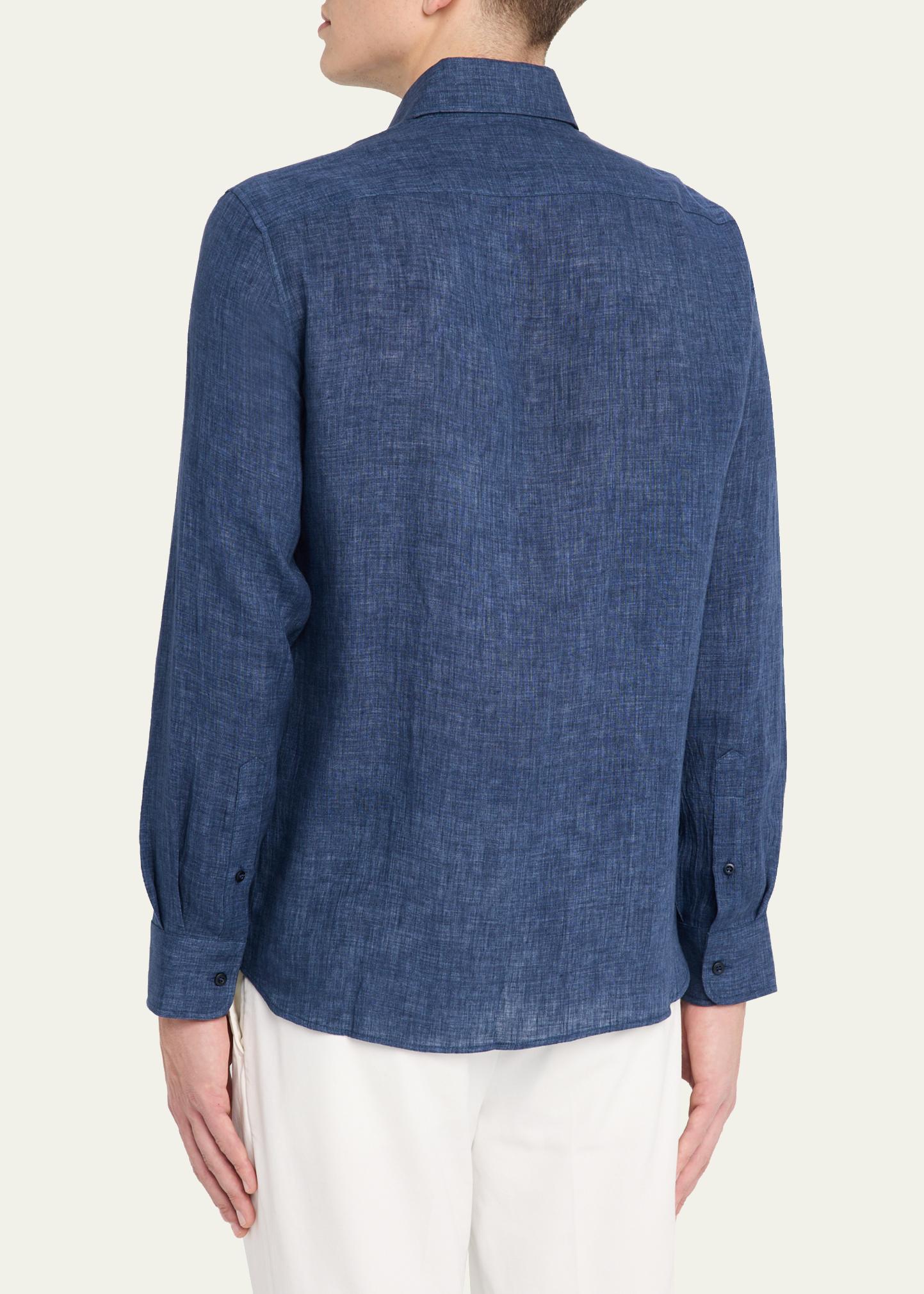 Brunello Cucinelli Men's Linen Spread Collar Button-Down Shirt